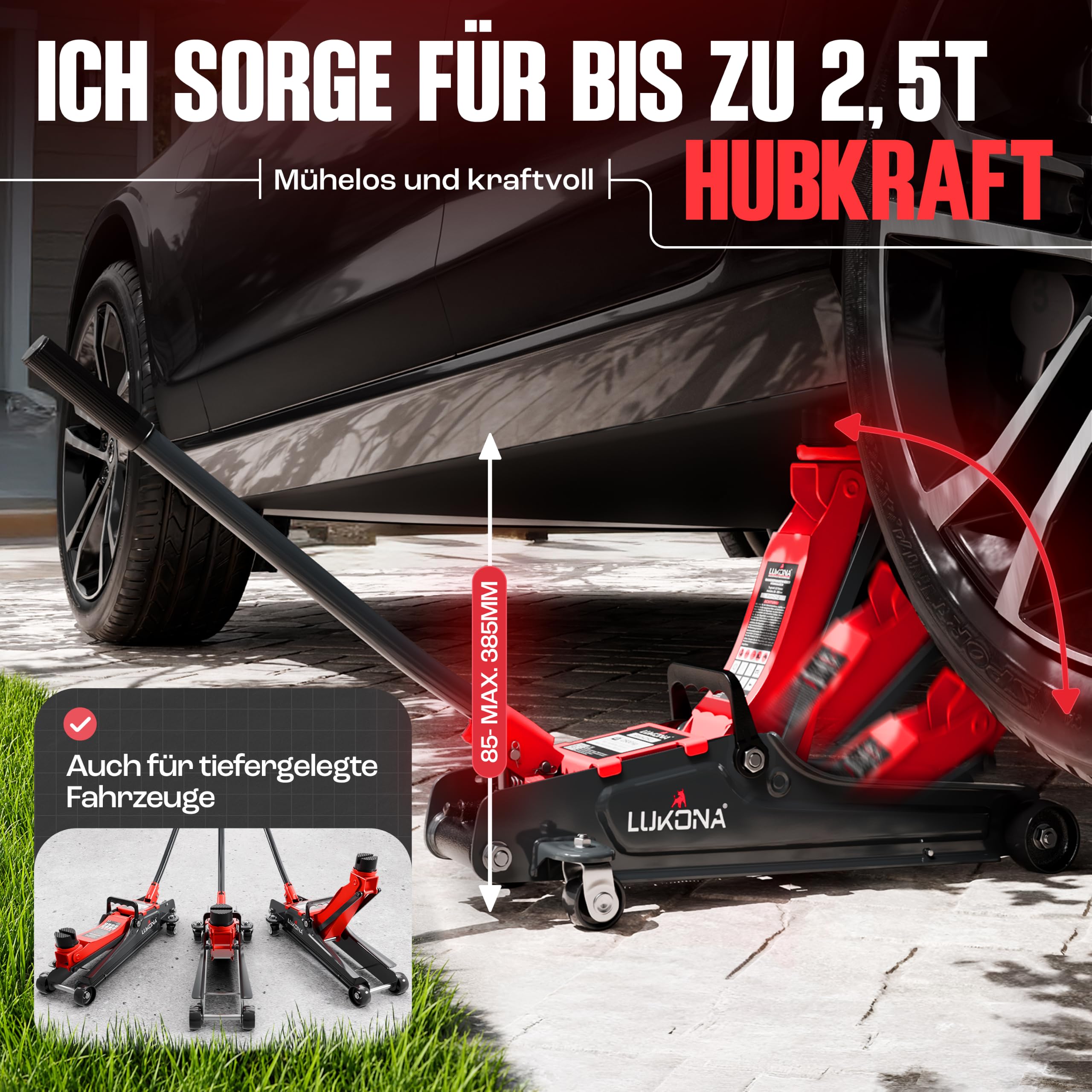 Hydraulischer Wagenheber 2,5T (85–385 mm) – Extra Tragegriff & Handschuhe – Rangierwagenheber für PKW, Auto (Rot)
