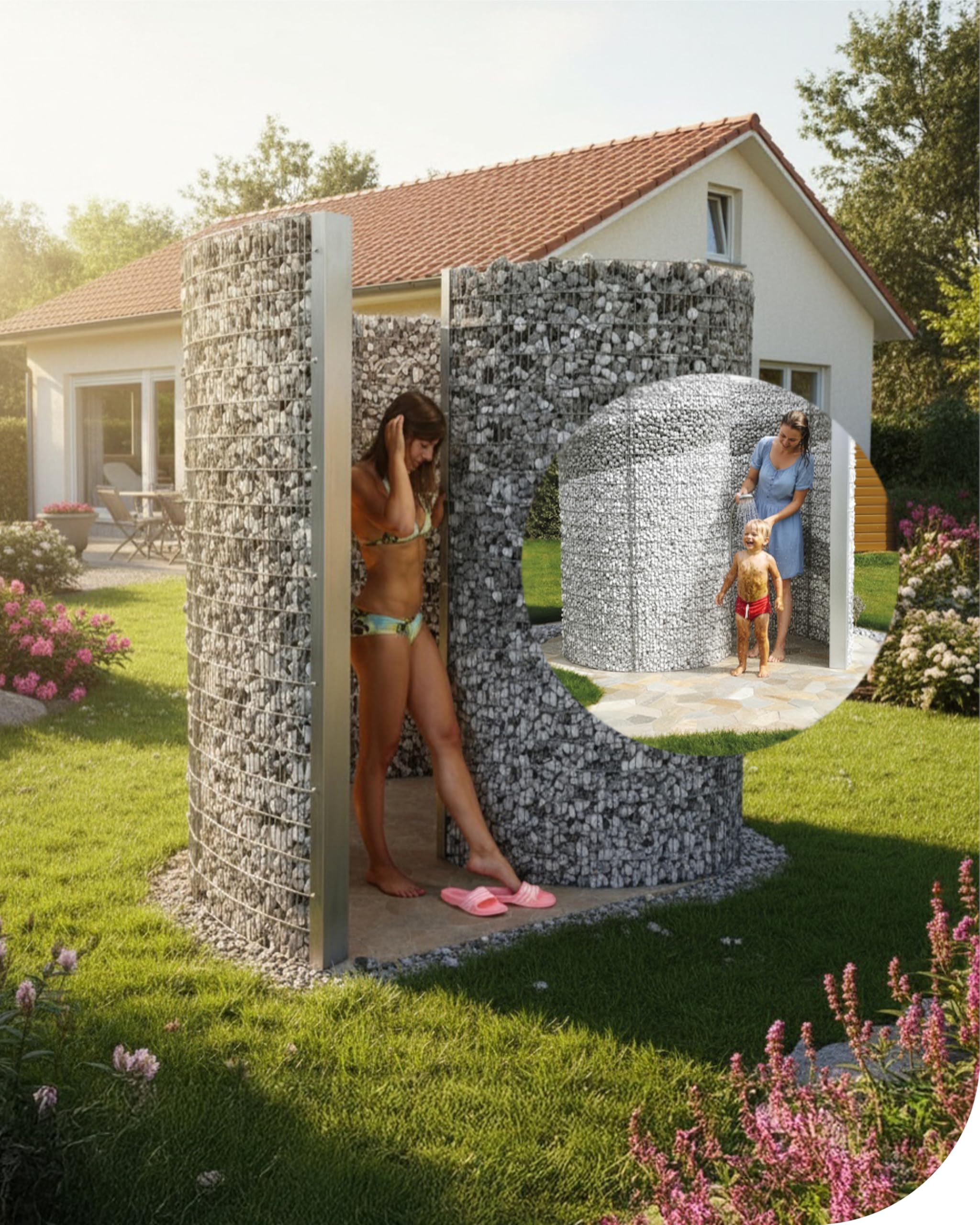 Bellissa Gabionen-Schneckendusche – Gartendusche in Spiralform – Dekorative Umkleide-Gabione – 230 x 180 x 210 cm, Zink-Aluminium verzinkt, Silber