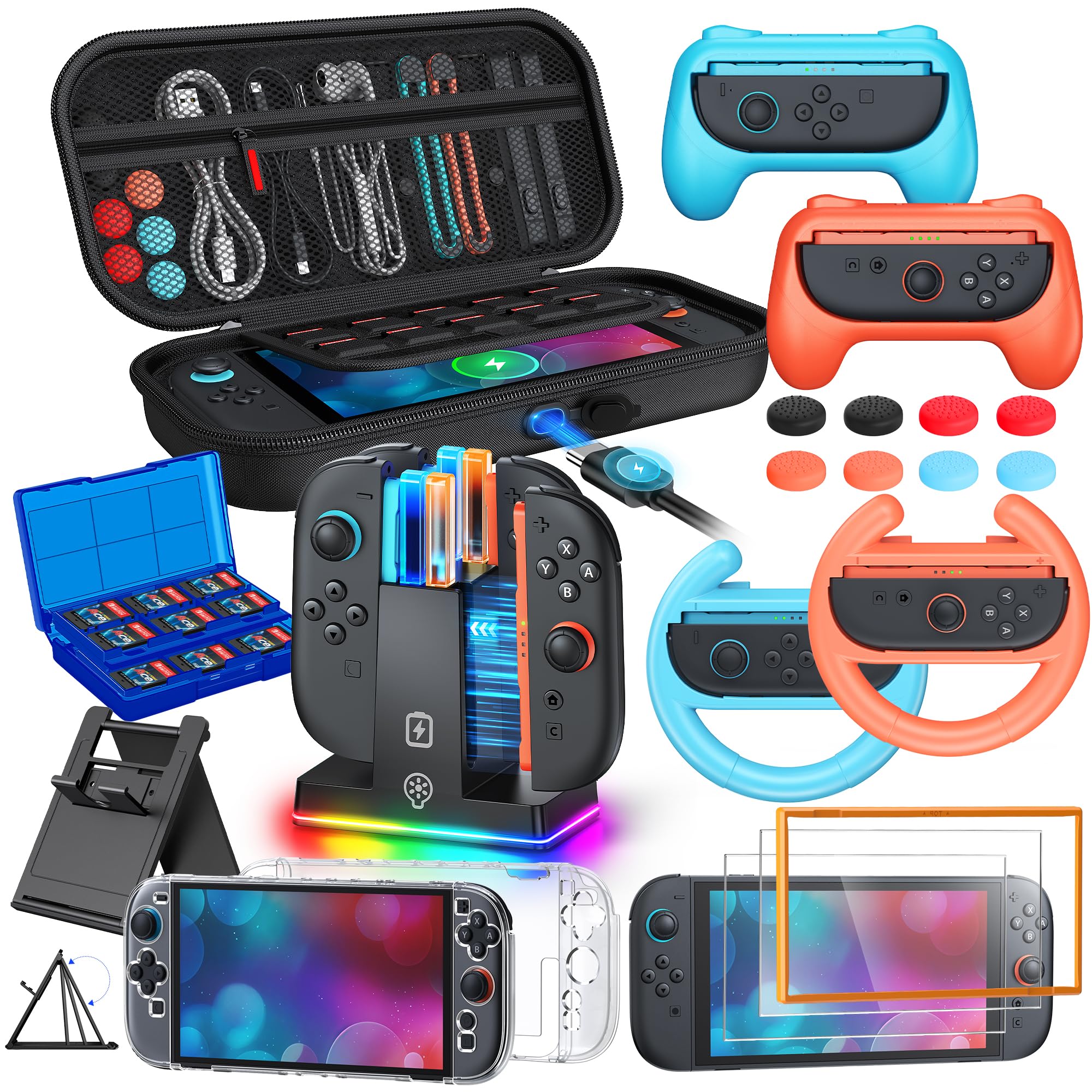 Ensemble de 23 accessoires pour Switch 2 2025, kit de rangement et de transport WAXITY avec station de recharge Switch 2, poignées, volant pour Joycon, housse de protection, protection d'écran
