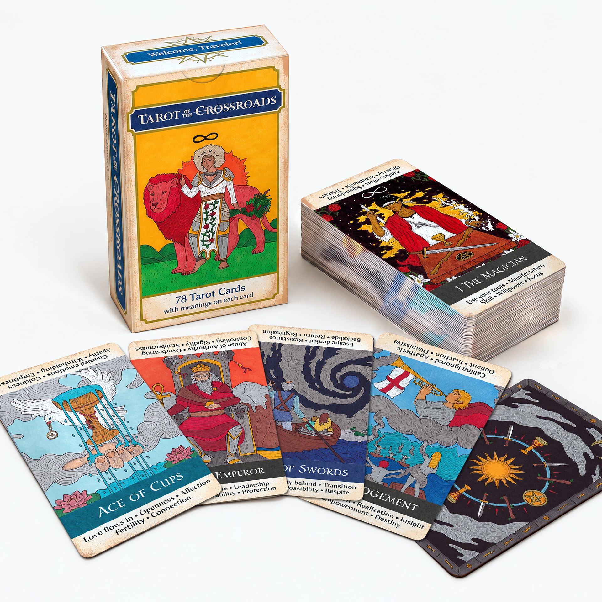 Tarot of the Crossroads - 78 Hand Drawn Cards | Beginner Friendly | Upright and Reversed Meanings | Rider Waite Smith Inspired | Inclusive Design | Silver Edged | Linen Finish | No Guidebook Required
