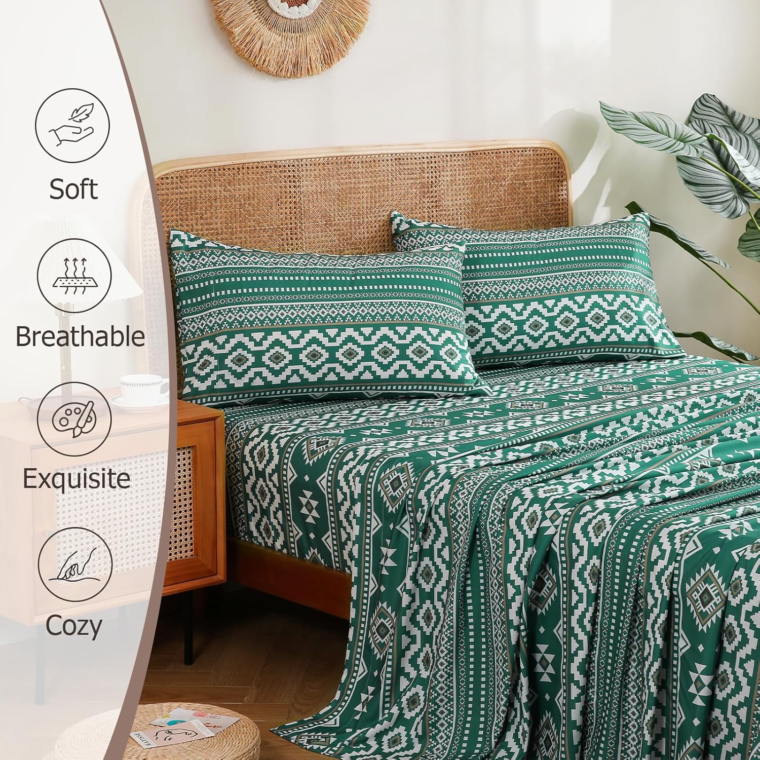 CozySmile 4 Pieces Queen Sheet Set Bohemian, Boho Sheets Soft Microfiber Deep Pocket, Western Sheets Geometric(Queen, Emerald Green)