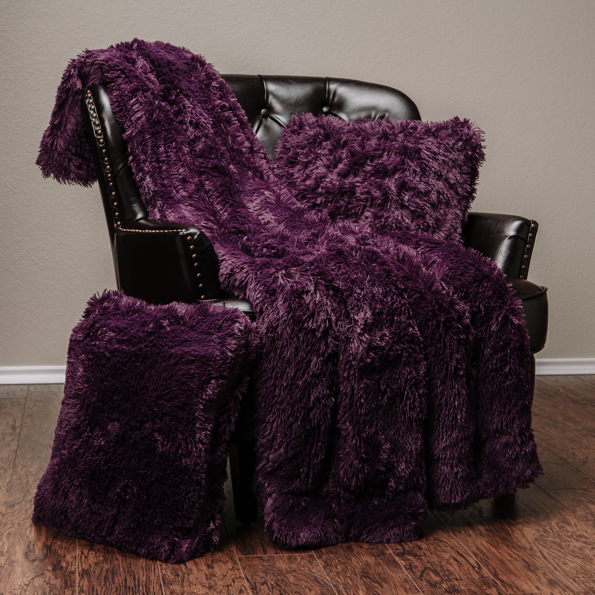 Chanasya 3-Piece Shaggy Throw Blanket Pillow Cover Set - Chic Fuzzy Faux Fur Sherpa Throw (50x65 Inches) 2 Throw Pillow Covers (18x18 Inches) for Bed Couch - Aubergine