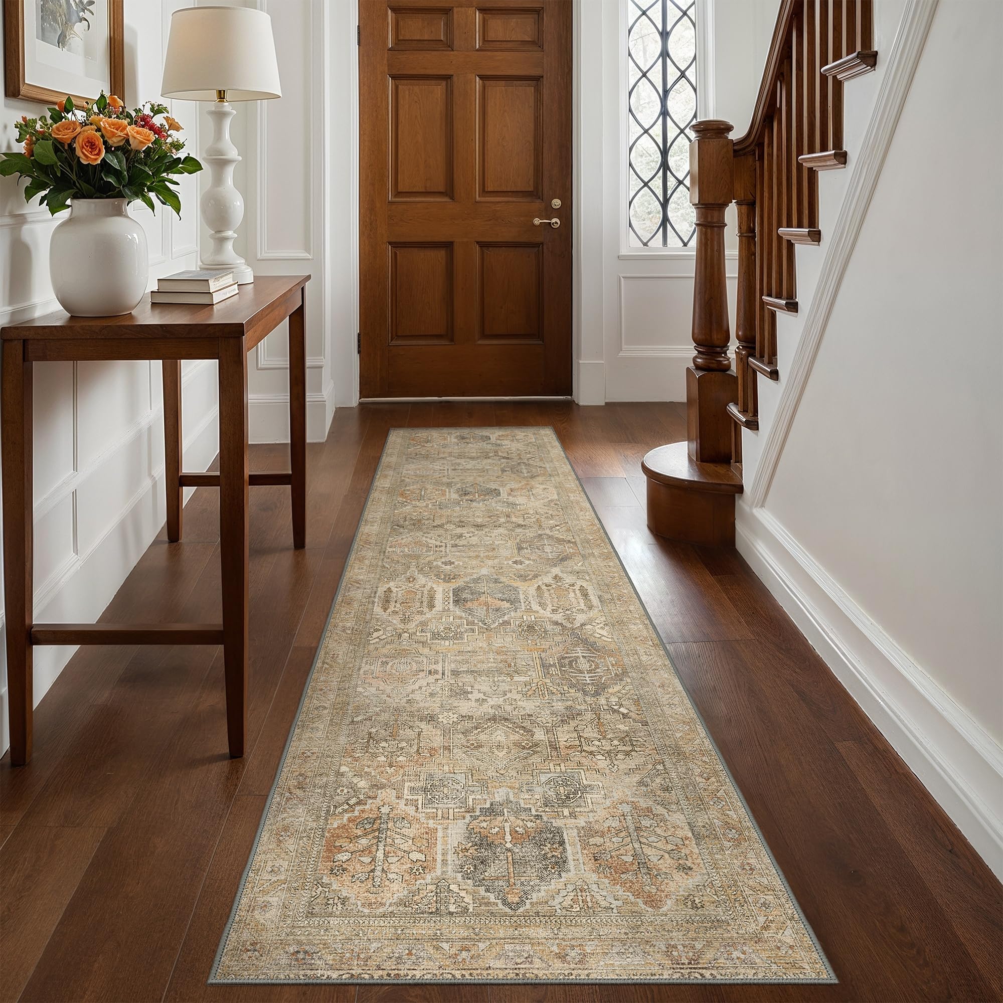 Bavni Runner Rug 2x10 Kitchen Rugs for Hallways Entryway, Washable Vintage Print Carpet, Ultra-Thin Chenille Low Pile Lightweight Rug with Non Slip