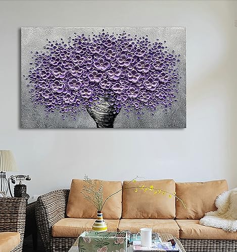 Miniatura 6 de Epicler art Pintura al óleo decorativa de flores 3D moradas pintadas a mano, arte de pared decorativo de pared de flores, arte moderno, sala de