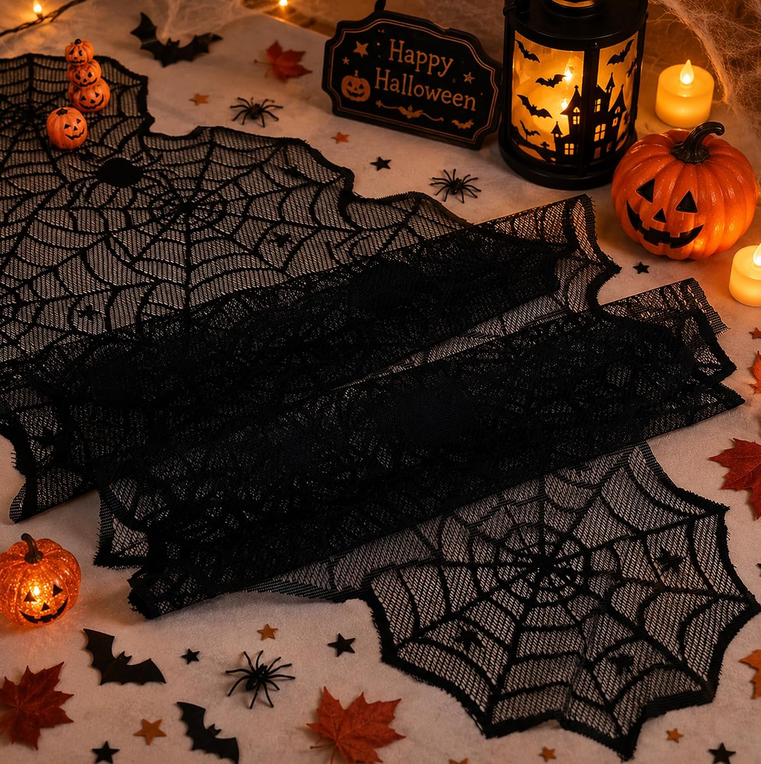 Halloween Decorations - Black Lace Spider Web Table Runner | Halloween Decor Party Favors Supplies for Indoor Outdoor - Halloween Table Centerpiece Decor for Home Office Dining Kitchen, 18 X 72 Inch