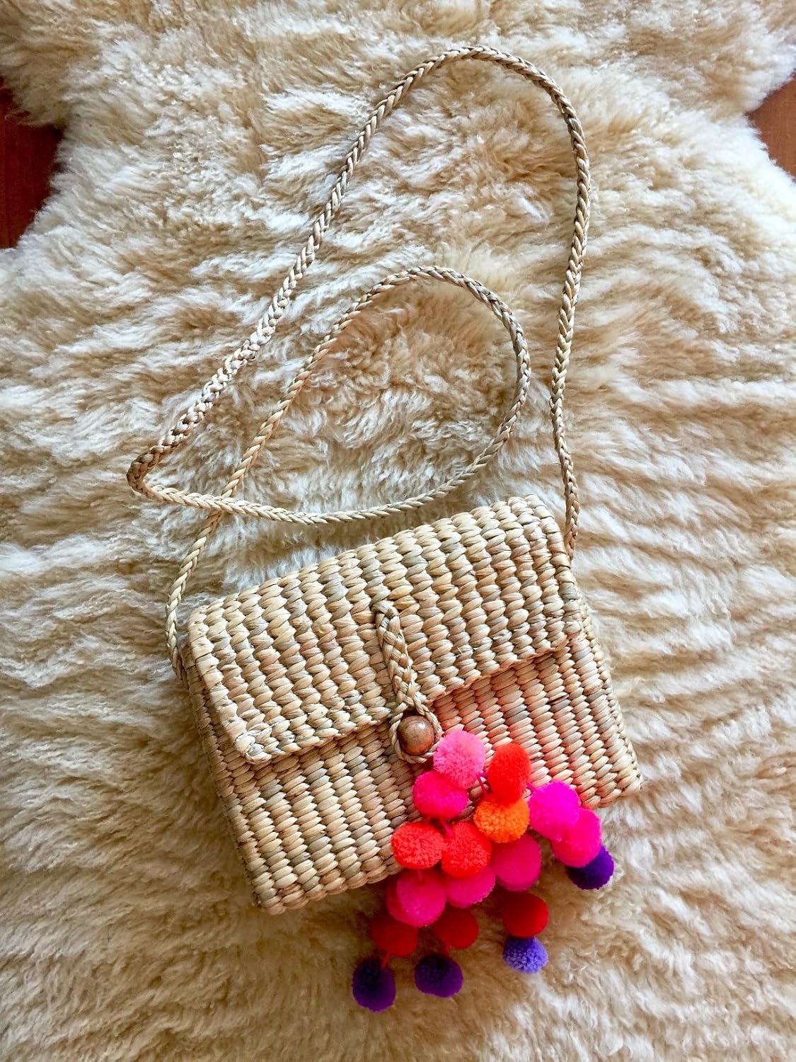 Pom Pom Crossbody Bag,Straw Shoulder Bag,Straw Crossbody