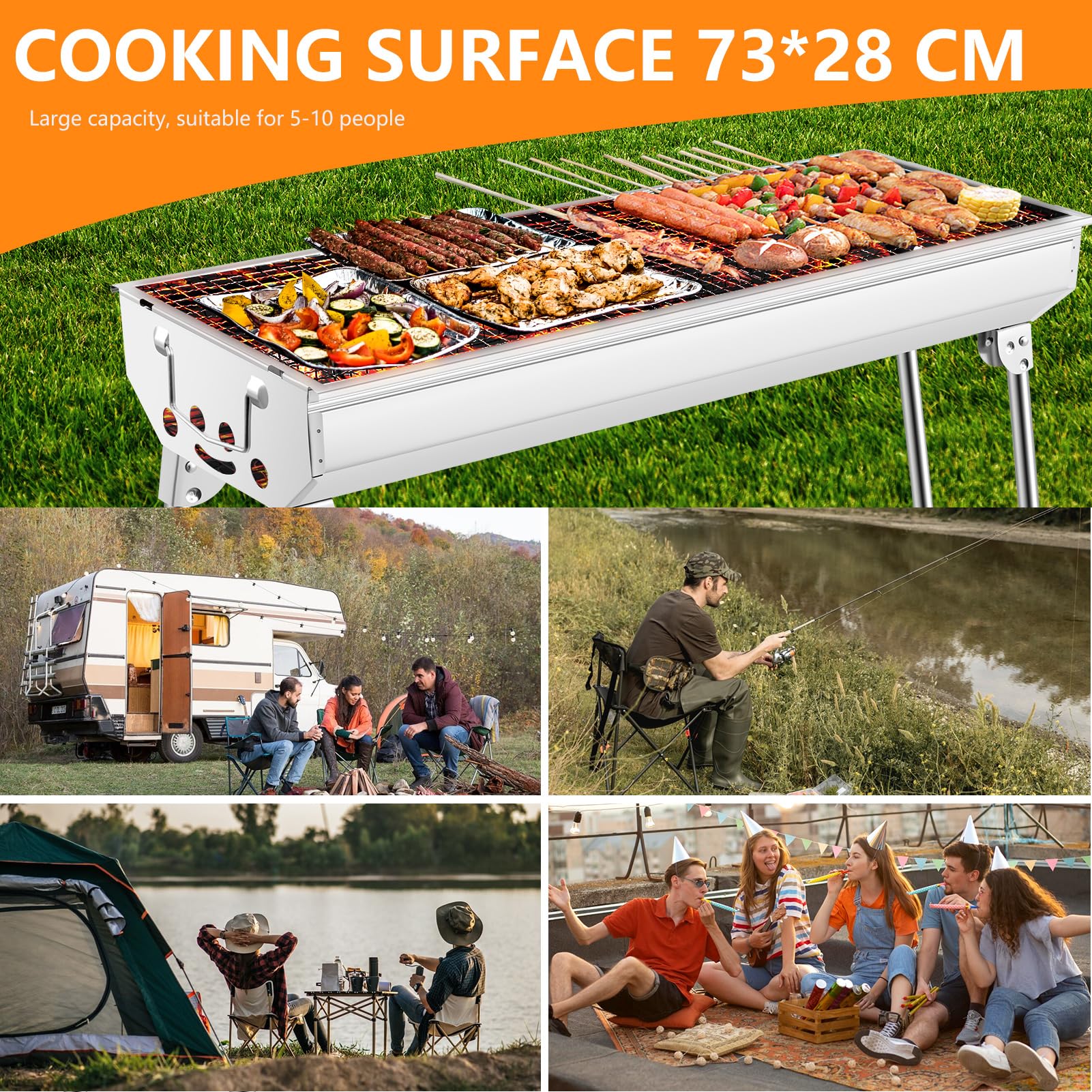 Barbacoa de carbón vegetal XXL, parrilla de carbón portátil, barbacoa plegable de acero inoxidable, barbacoa de carbón para exteriores, parrilla de pie, parrilla plegable (73 x 28 x 76 cm)
