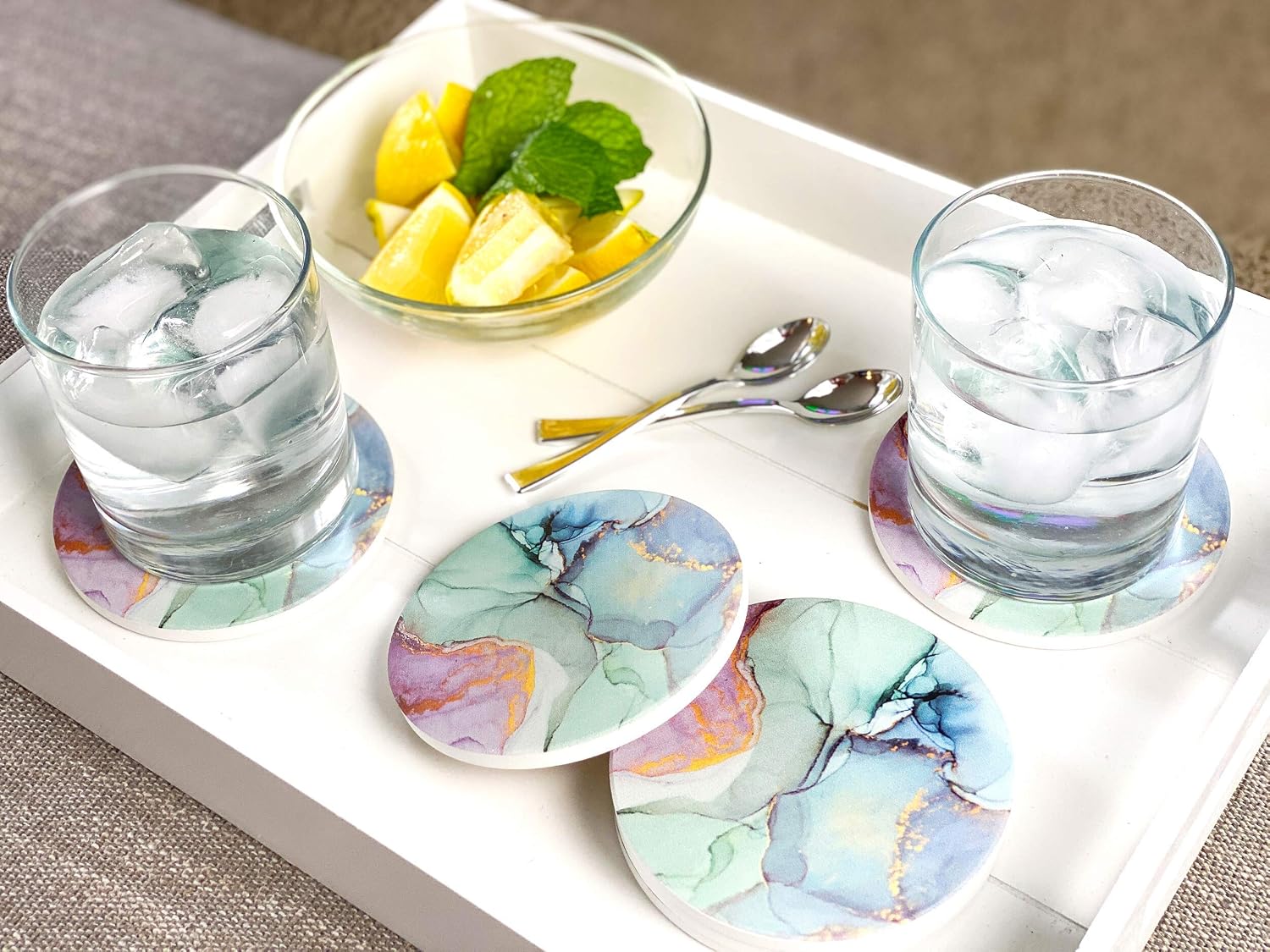 ABSTRACTED Geode Coasters for Drinks, Marble Coasters, Agate Coaster Large Absorbent, Water Absorbing Coasters for Glass Table Top - Large 4 inch Size, Set of 6 (Light Green Marble)
