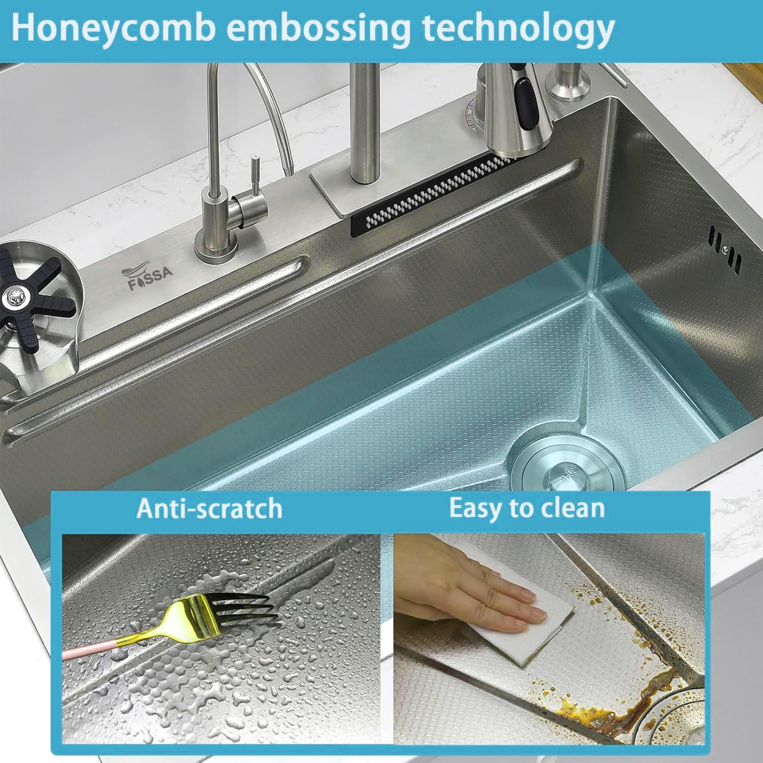 Fossa 30"x18"x09" 7-Year Warranty Single Bowl Waterfall Smart Kitchen Sink Stainless Steel 304 Grade Honeycomb Embossed Sink with Nano Coating, Includes All Accessories. (Silver) 2
