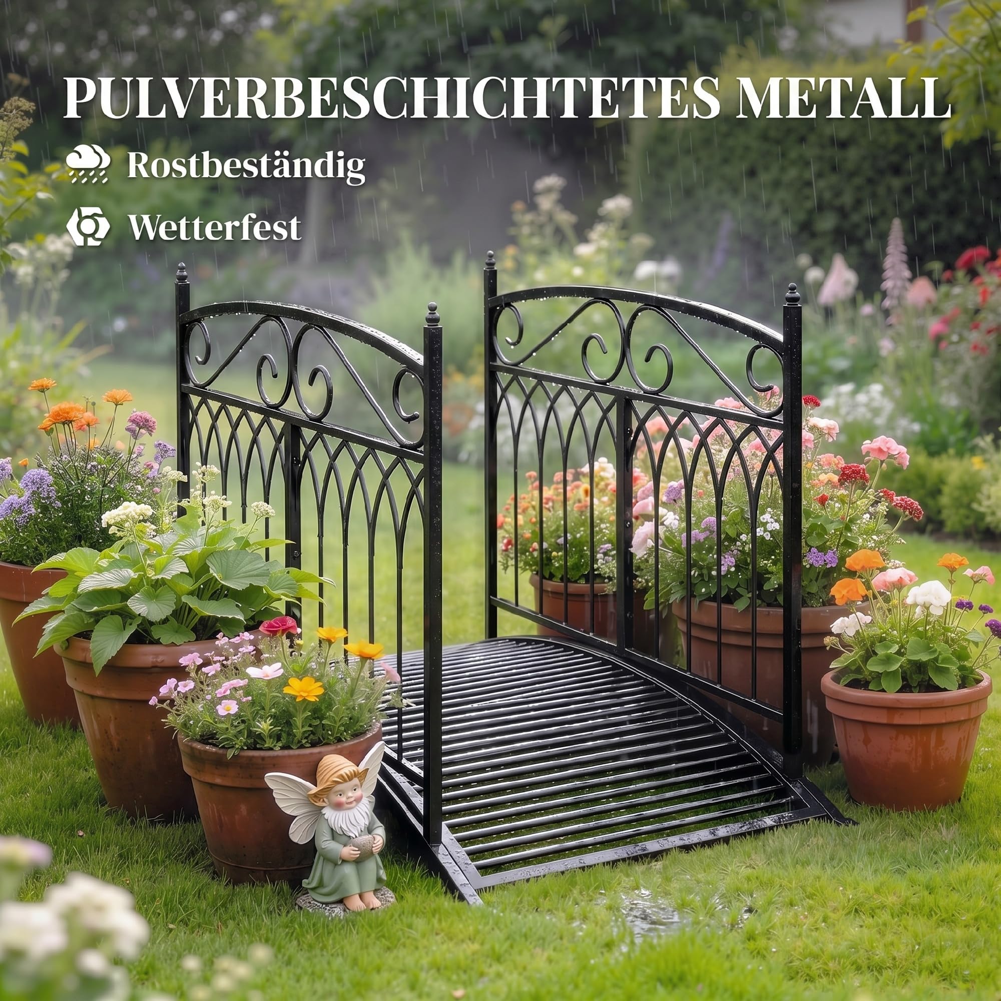 Outsunny Gartenbrücke aus Metall 135,5 cm Teichbrücke mit Sicherheitsgeländern Antik-Optik Rostbeständig Stabil Metallbrücke dekorative Zierbrücke Brücke für Bach Teich einfache Montage