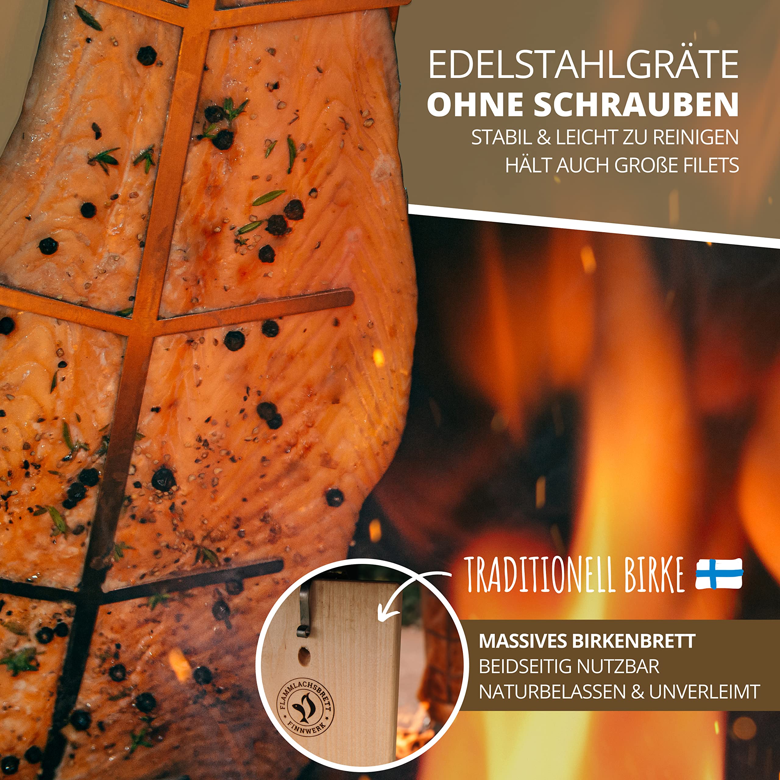 FINNWERK Flammlachsbrett - Flammlachsbretter mit Halterung aus Edelstahl - Perfekte Lachsbretter zum Grillen aus massiver Birke - Auch Ideal als Räucherbrett - Winkelsystem zur optimalen Einstellung