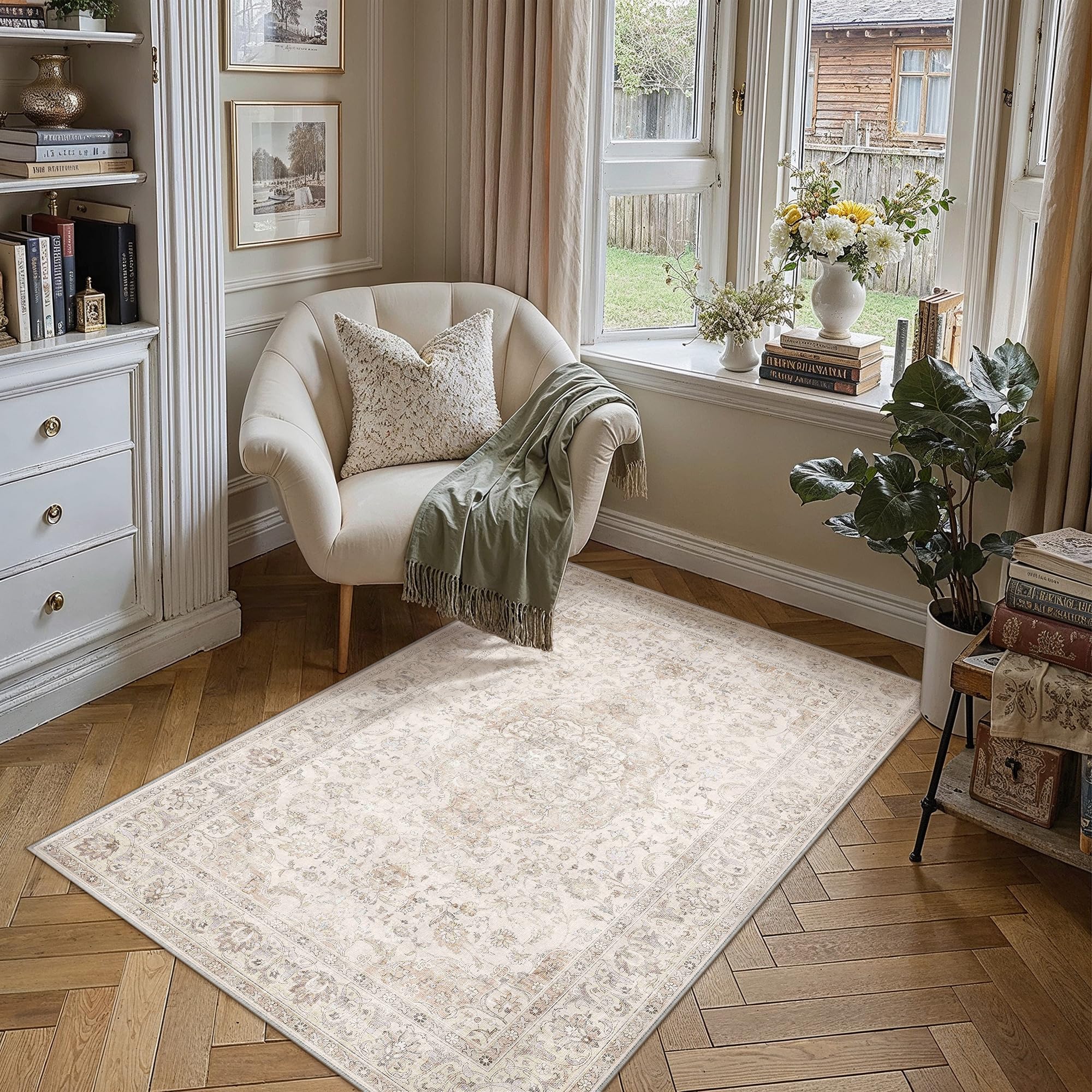 PureCozy 140x210 cm Washable Rugs Living Room, Beige Vintage Soft Area Rugs with Non-Slip Backing, Machine Washable, Lightweight Low-Pile Carpet for Office Dining Room Indoor — image 1