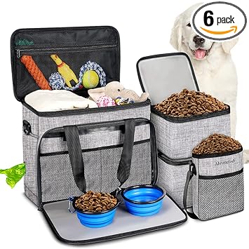 6 Set Dog Travel Bag, Large Pet Travel Kit for Supplies Includes 1 Travel Organizer for Dogs, 2 Collapsible Bowls, 2 Food Containers, 1 Treat Pouch, Dog Weekend Overnight Travel Bags Luggage, Grey