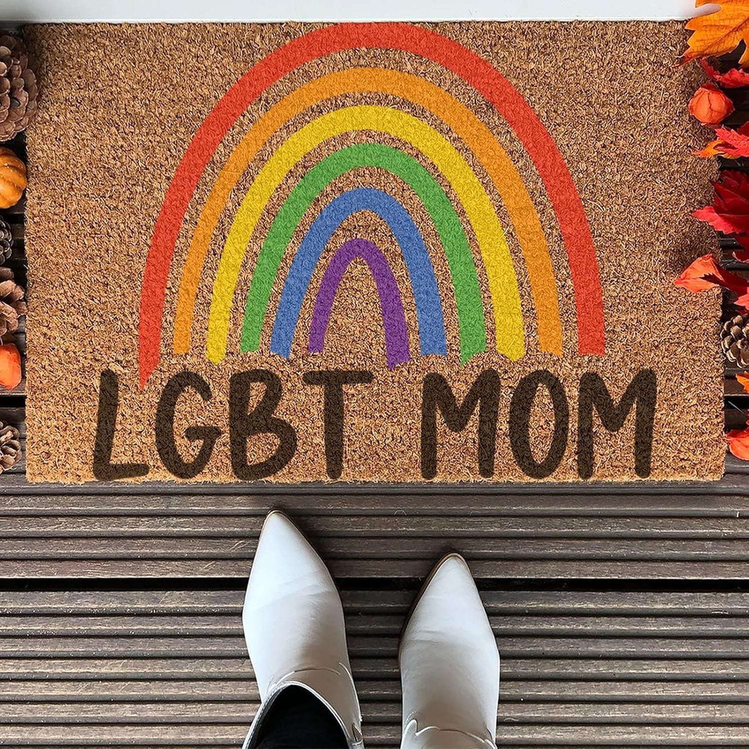 LGBT Mom Rainbow Welcome Coir Doormat Pansexual Transgender LGBTQ Gay Indoor/Outdoor Decorative Doormats Rainbow Farmhouse Entrance Rug Mats for Home Office Patio 16x24 inch