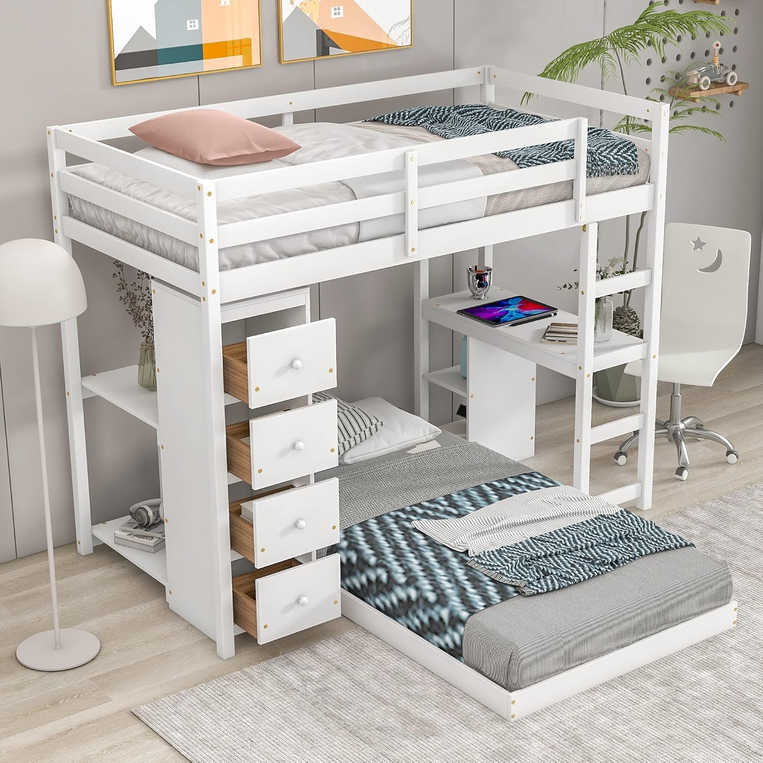 Multifunction Twin Over Twin Bed with 4 Drawers and 2