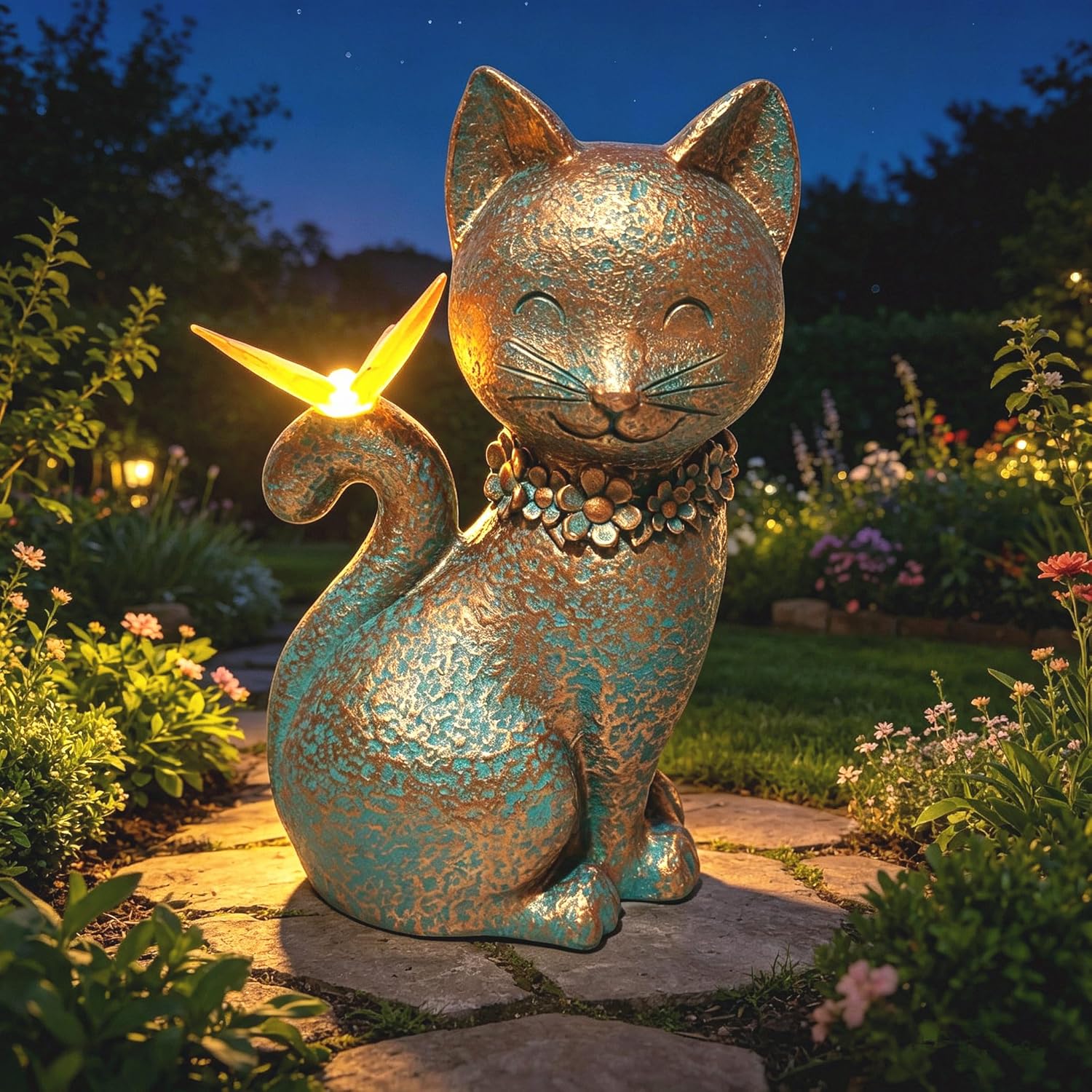 Solar Cat Garden Statue with LED Light Outdoor Waterproof Resin Cat Figurine, Cute Cat Decor for Garden, Porch, Patio, Yard & Lawn, Unique Gift for Cat Lovers, Women, Mom and Grandma