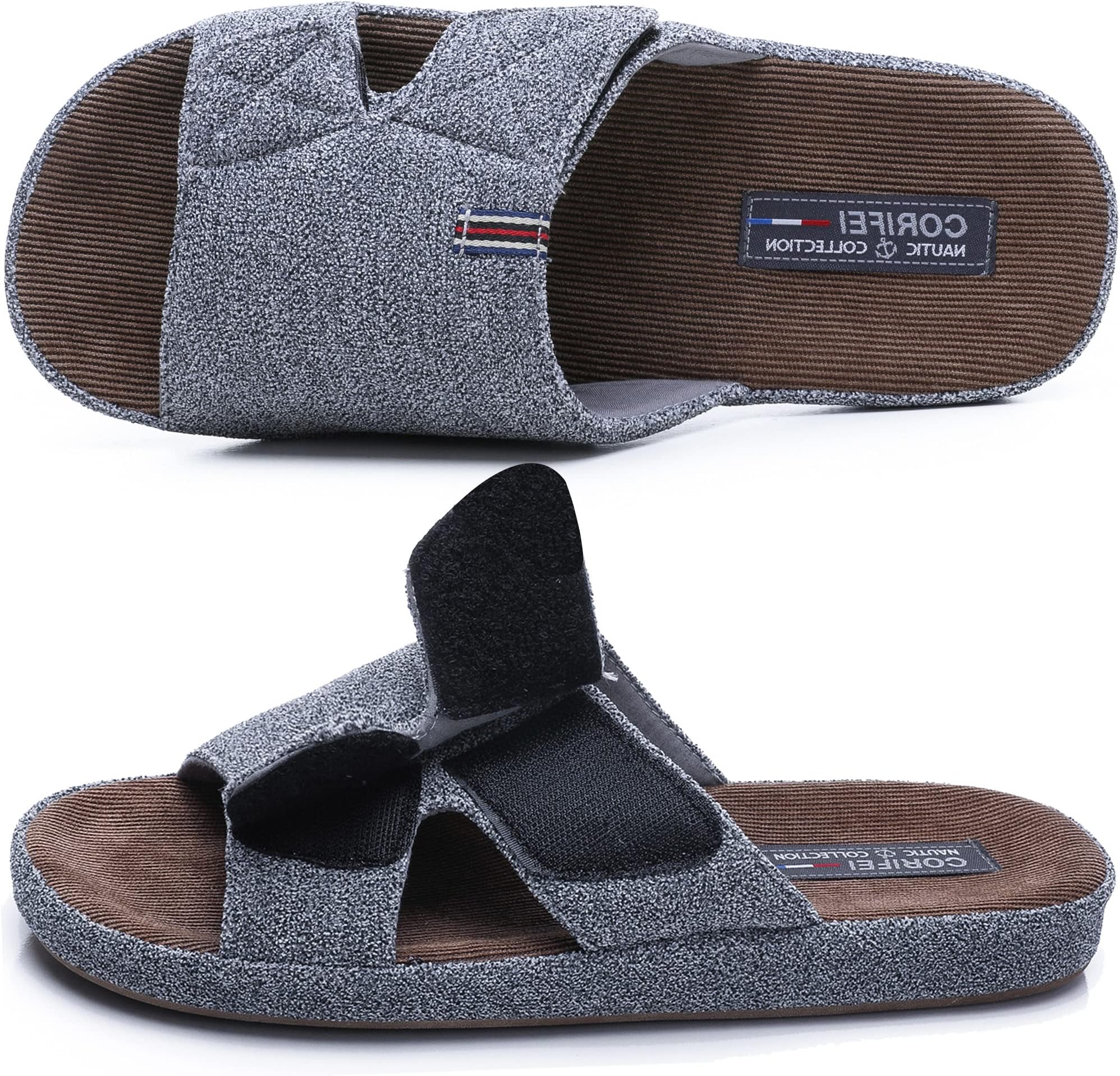 Men's Adjustable Wrap House Slide Slippers with Arch Support, Slip-on Cross Brand Open Toe Anti-Slip Comfy Indoor Outdoor