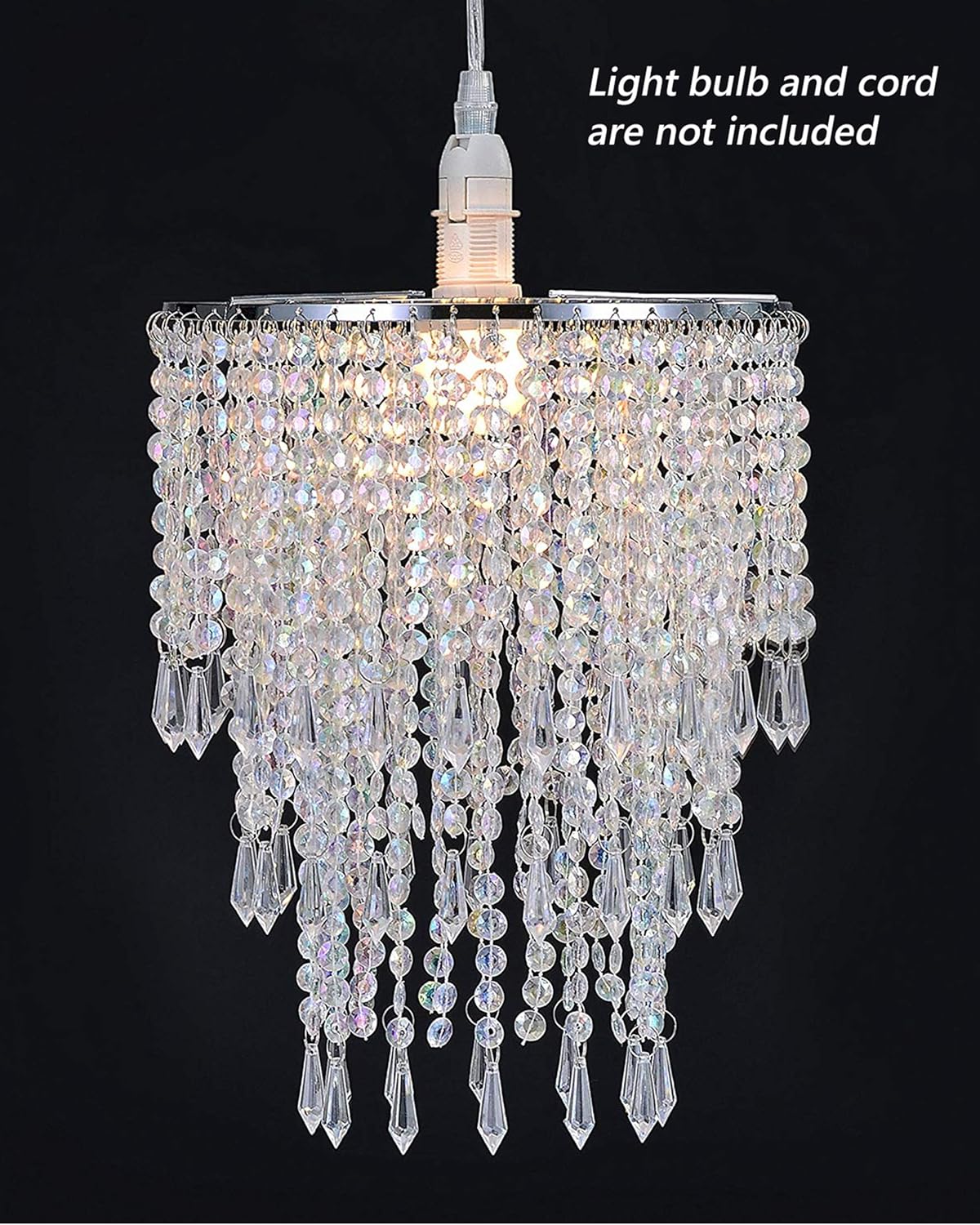 Waneway 3 Tiers Ceiling Chandelier Pendant Light Shade with Acrylic Jewel Droplets, Beaded Lampshade with Chrome Frame and Clear Beads, Diameter 8.7 inches, Clear