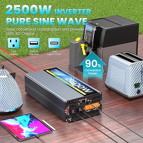 Miniatura 4 de Inversor de onda sinusoidal pura de 2500 W con interruptor de transferencia, convertidor de 12 V CC a 120 V CA con 2 salidas de CA, puerto USB