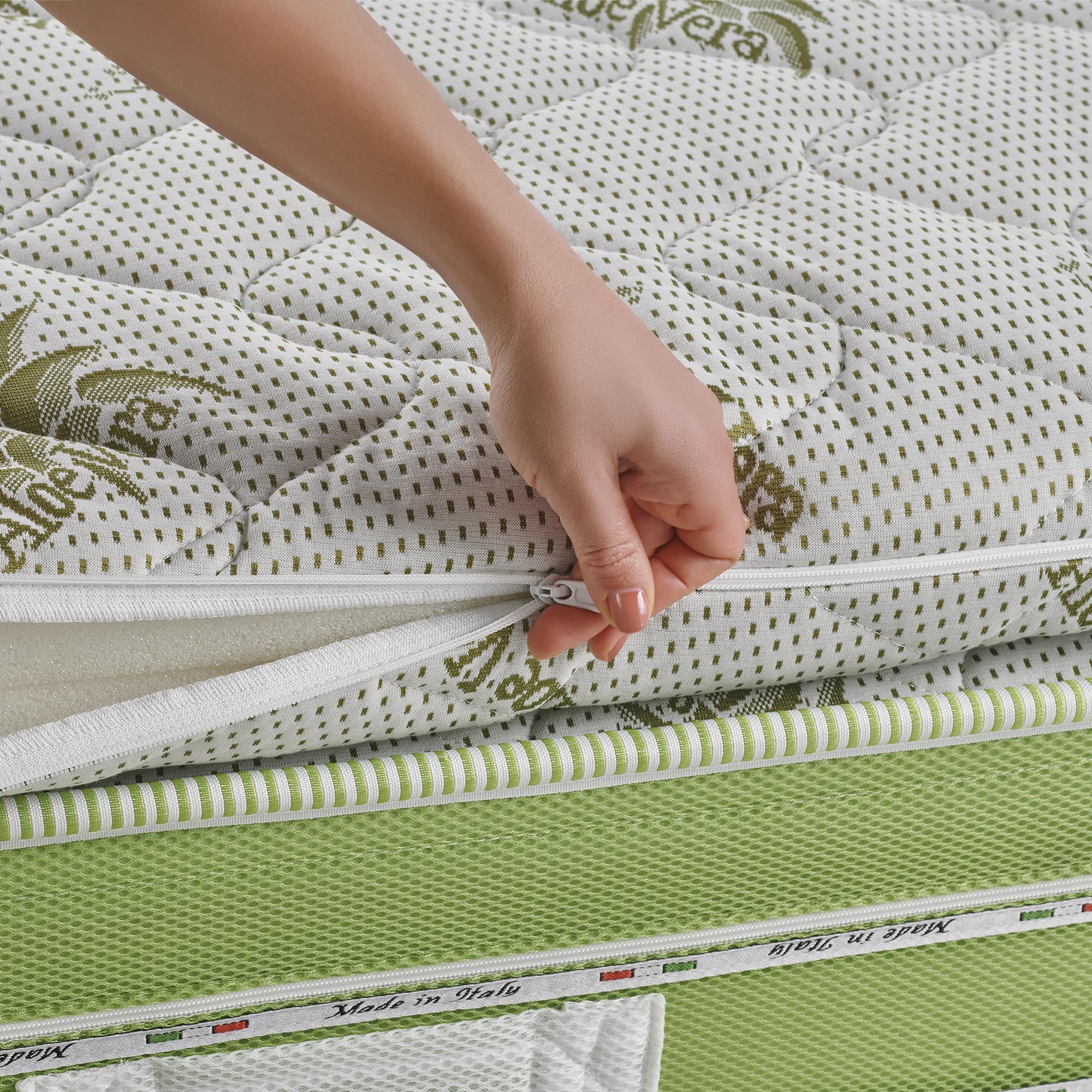 Topper Correttore Memory Matrimoniale in Aloe Vera, 6.8 cm di Altezza, TRAPUNTATO,con Elastici agli Angoli, Sfoderabile, Made in italy 160X190