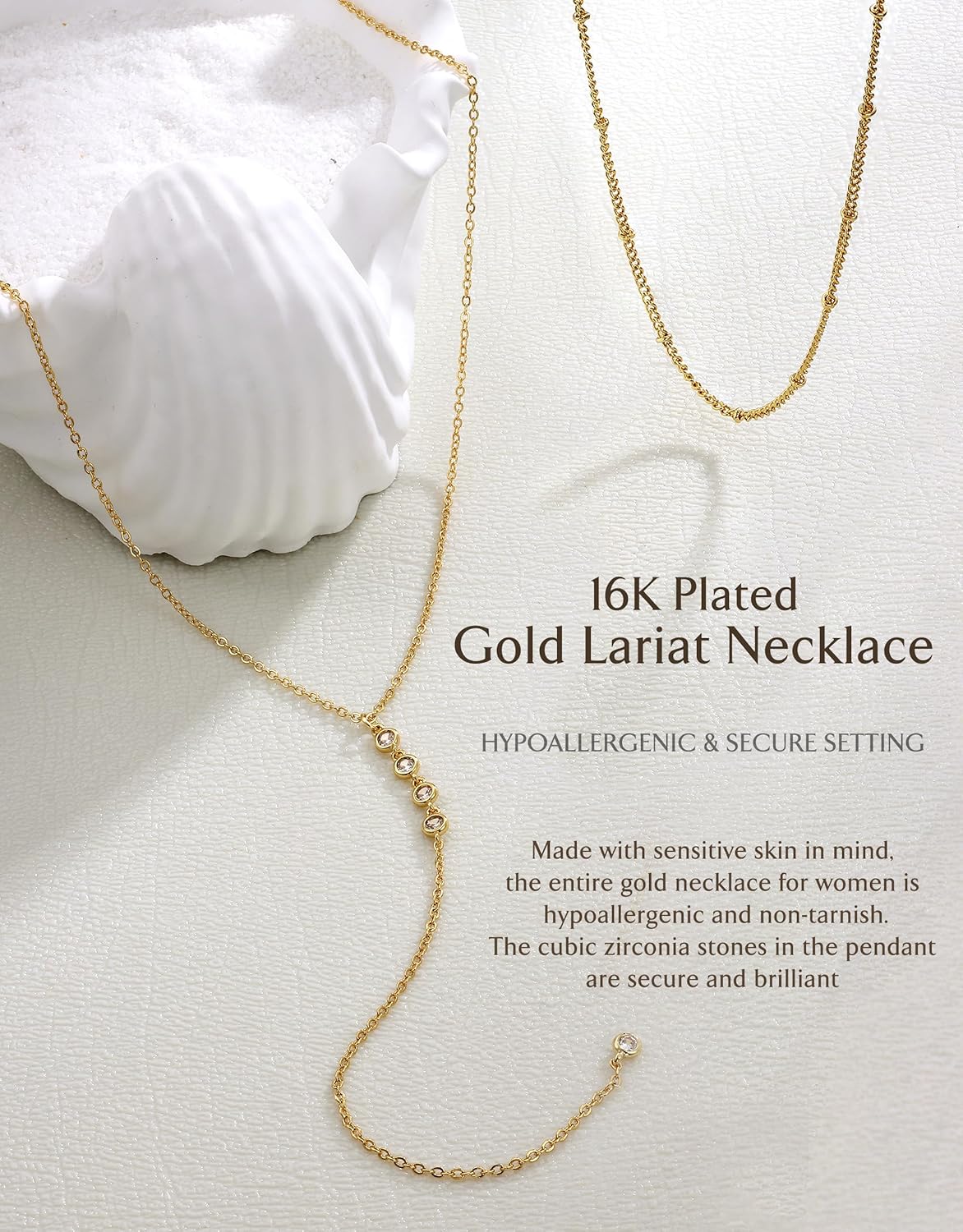 Krfy Lariat Long Necklace for Women, 16K Plated Gold Necklace for Women Dainty, Drop Pendant Cross Necklace, Rosary Beaded Y-Shaped CZ Layered Necklaces, Silver Color Adjustable Chain Jewelry - Image 2