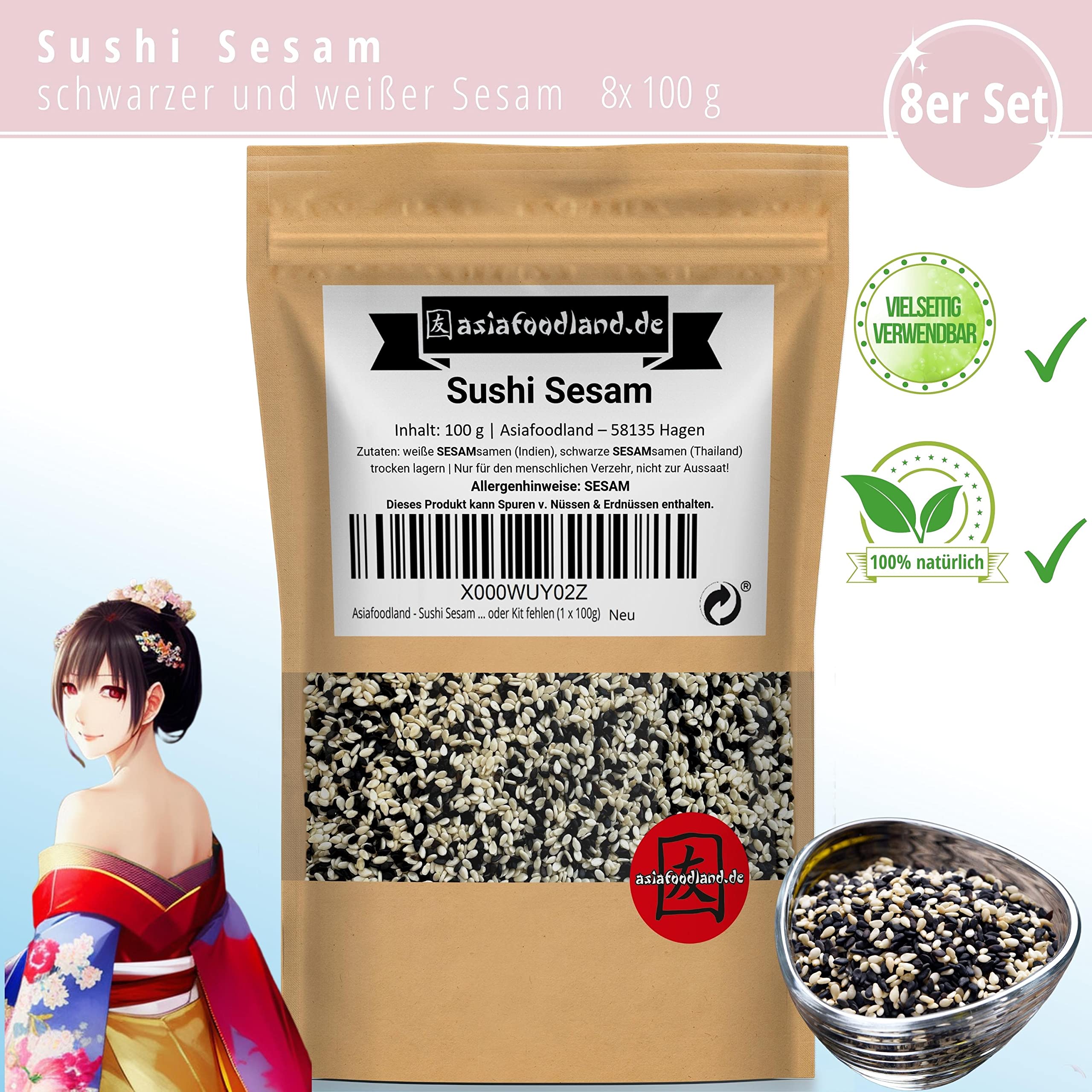 Asiafoodland - Sushi Sesam Mix - weißer und schwarzer Sesam für Inside Out und California Rolls - super als Topping und Deko - darf in keinem Set oder Kit fehlen, 8er Pack (8 x 100 g)
