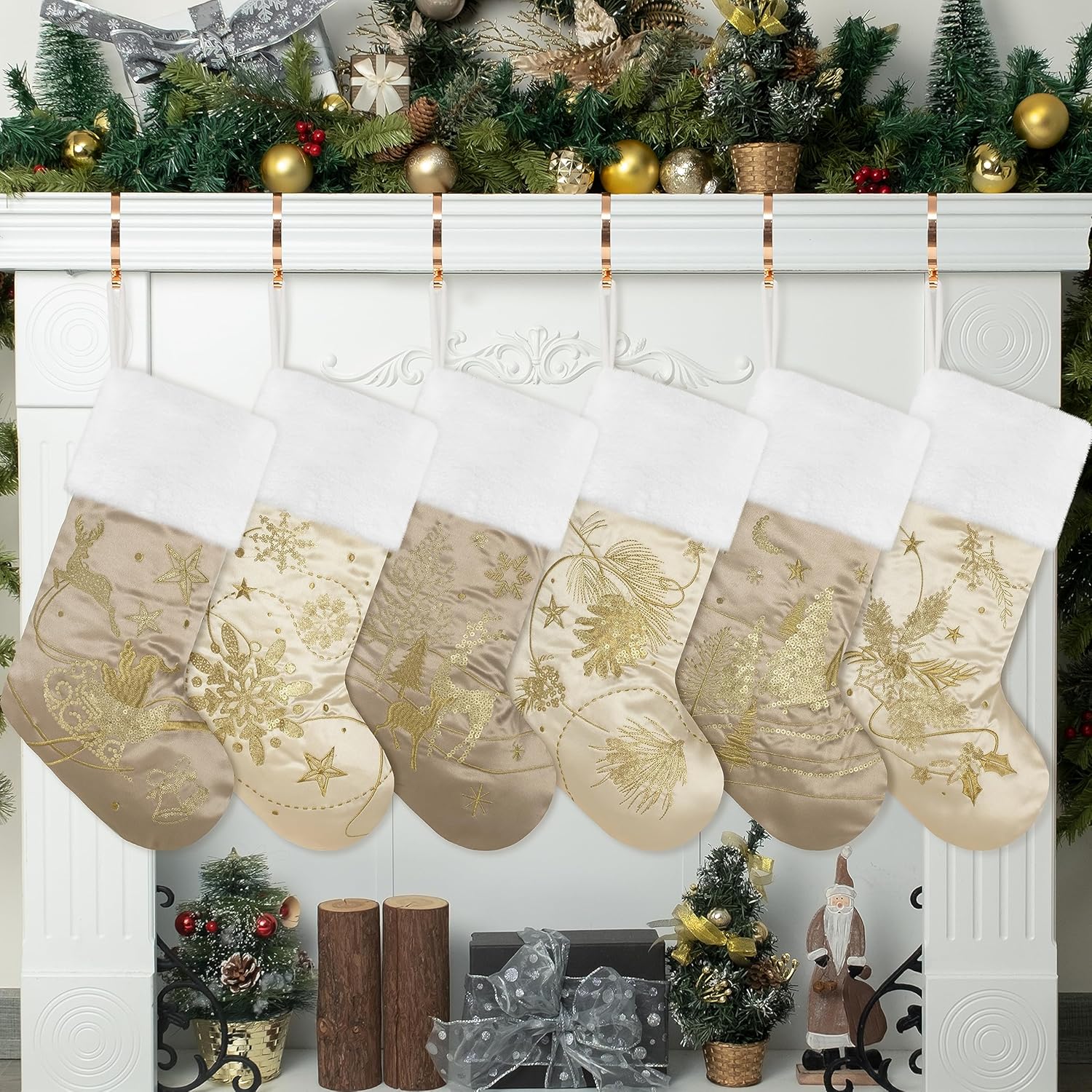 GEX Christmas Stockings 6 Pack for Family 20" Large Embroidered Luxury White Velvet with Gold Sequins Hanging Ornament Decorations for Fireplace Xmas Season (Set of 6)