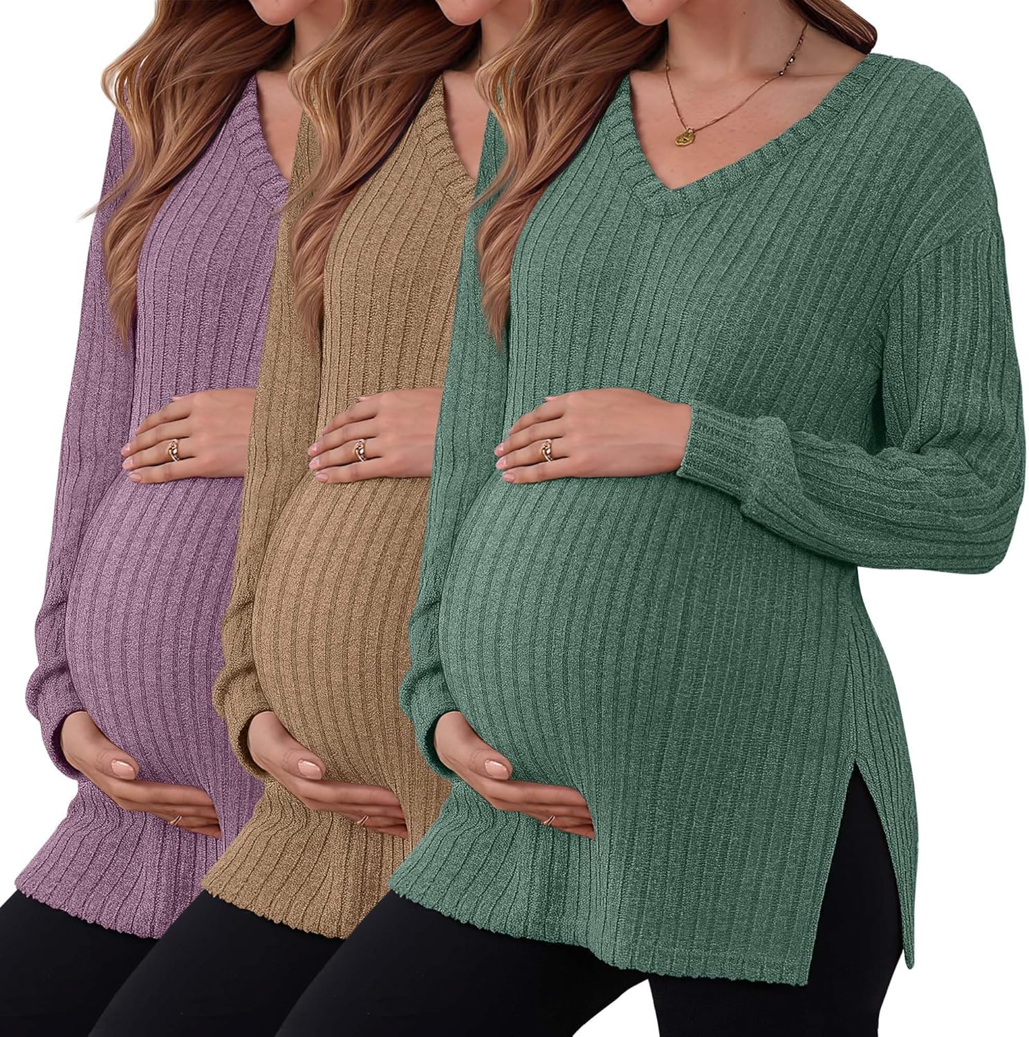 Sweetyweee 3 Pack Women's Ribbed Maternity Shirts, Long Sleeve V Neck Pregnancy Sweaters with Side Split Pregnant Clothes