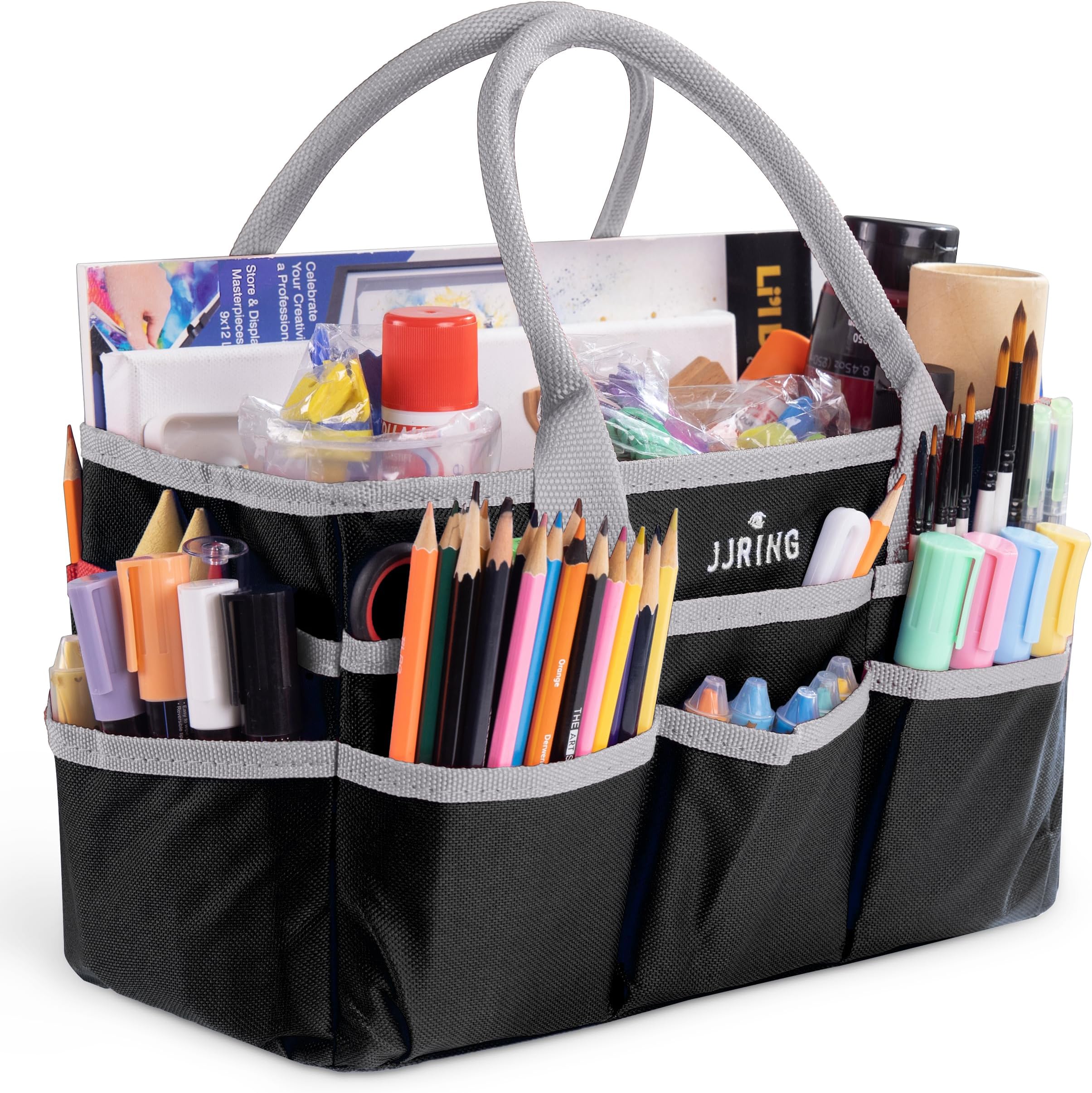 Jjring Craft and Art Organizer Tote Bag - 600D Silver Nylon Fabric Art Caddy with Pockets - for Art, Craft, Sewing, Medical, and Office Supplies Storage