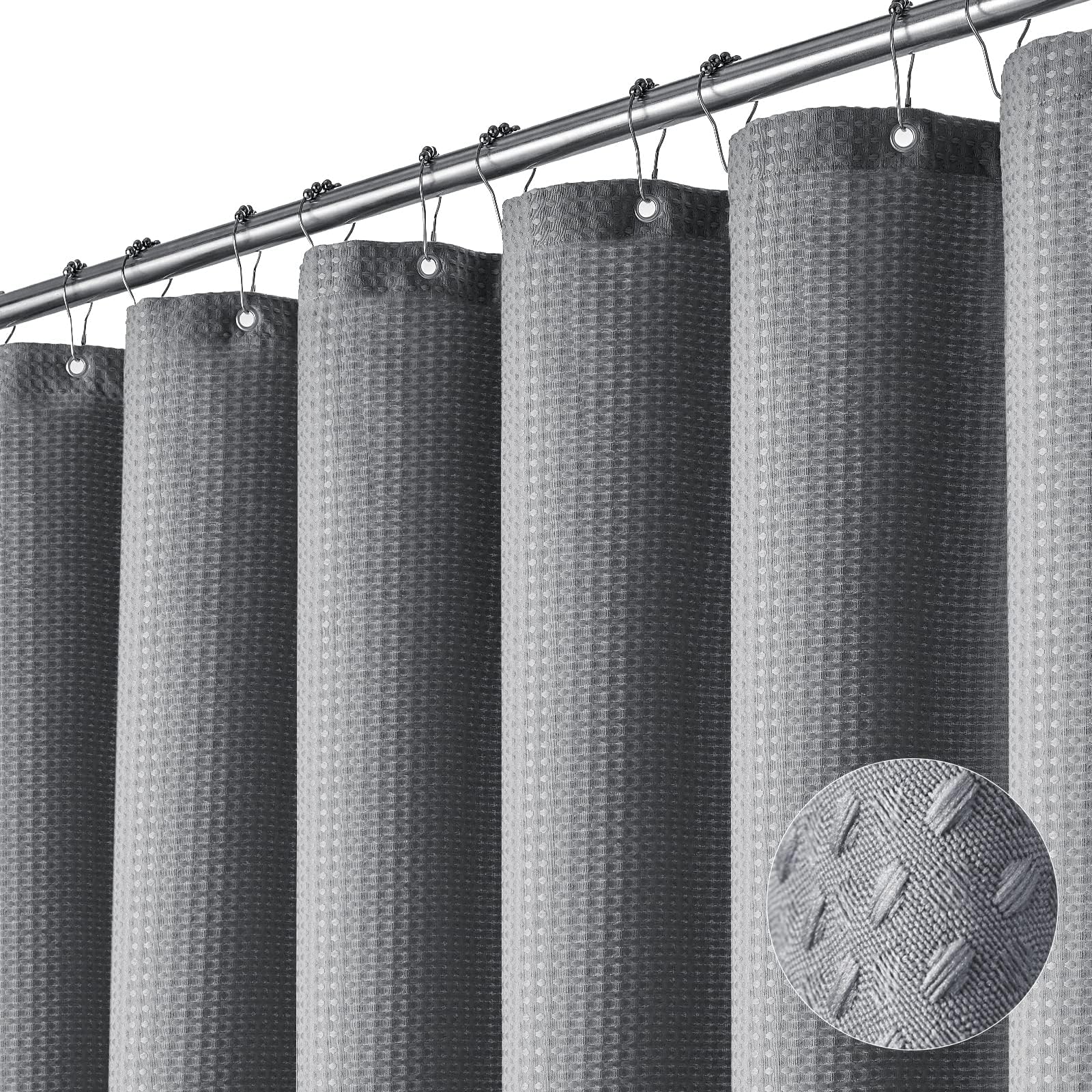 Dynamene Extra Long Shower Curtain,84 Inch Long Grey Waffle Weave Heavy Duty Fabric Bathroom Shower Curtain, Neutral Weighted Hotel Thick Bath Curtain Set with 12 Plastic Hooks,72x84,Grey/Gray