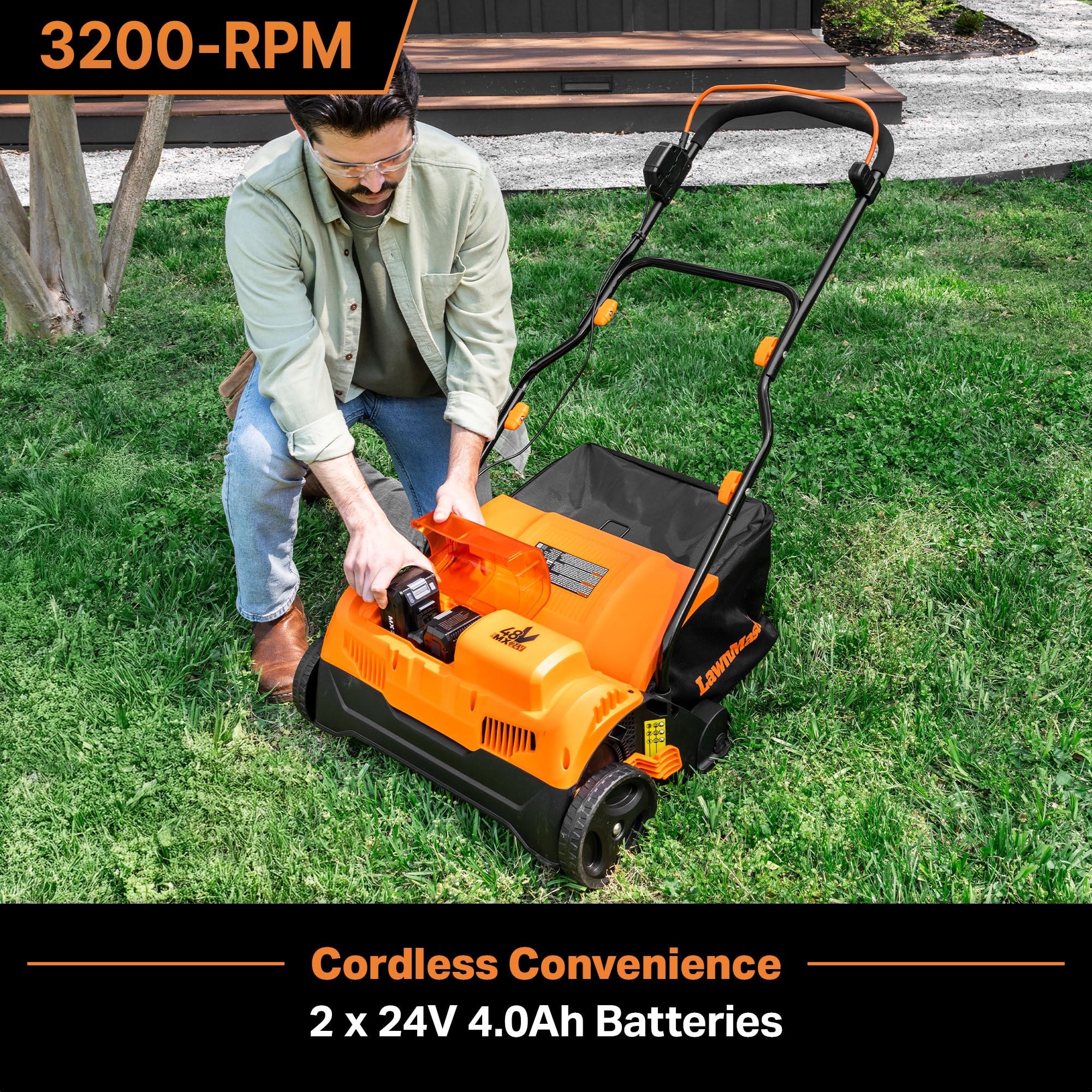 LawnMaster 48V MAX Brushless 16” Cordless Scarifier & Dethatcher with Removable Thatch Collection Bag Quick-Fold – CLGVB4816 - Detailed View