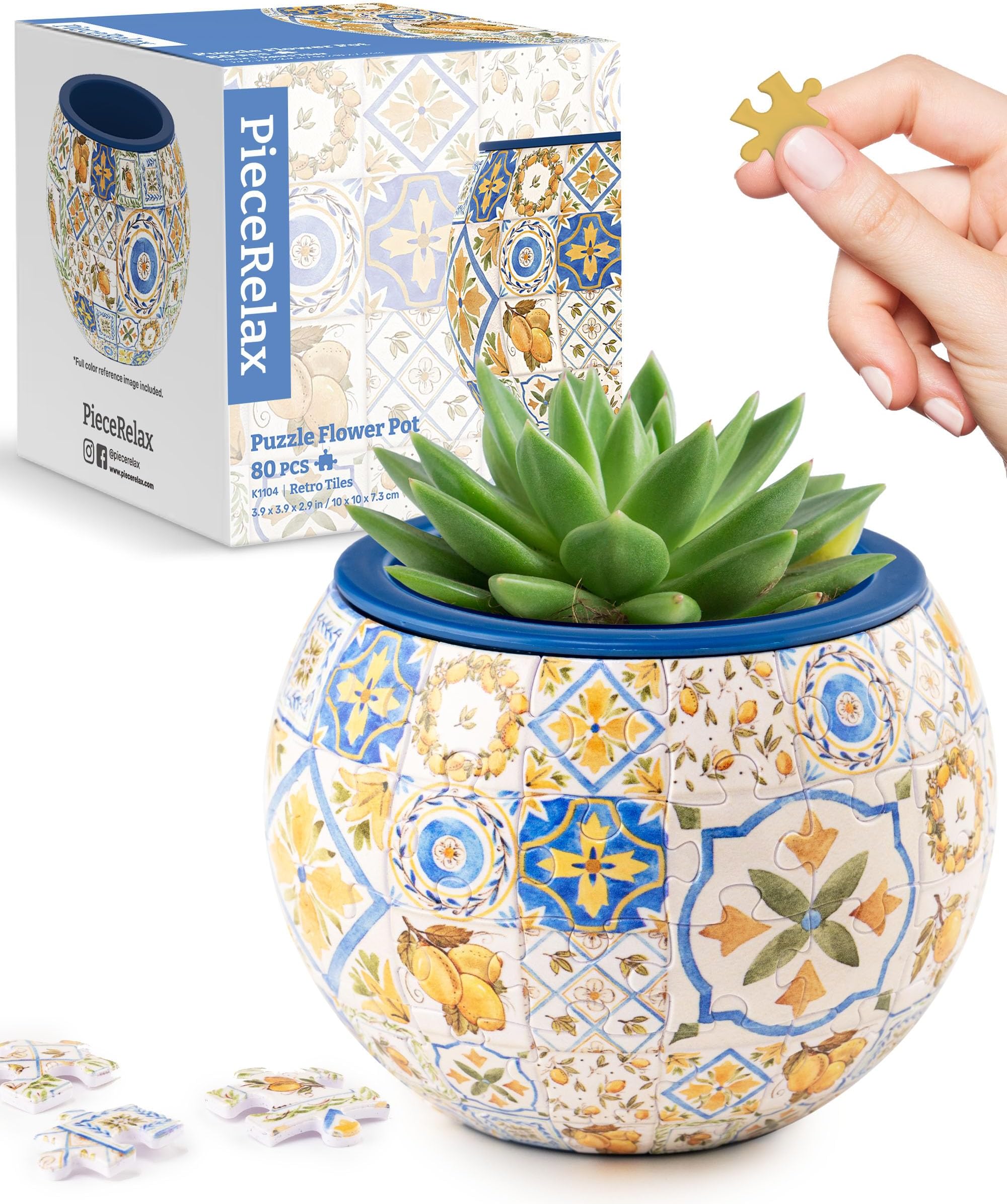 - PieceRelax 3D Puzzle Planter - Retro Tiles - Danish Folklore Style, for Mom, Home Decor Flower Pots for Indoor Cactus, Succulents Pots [K1104]