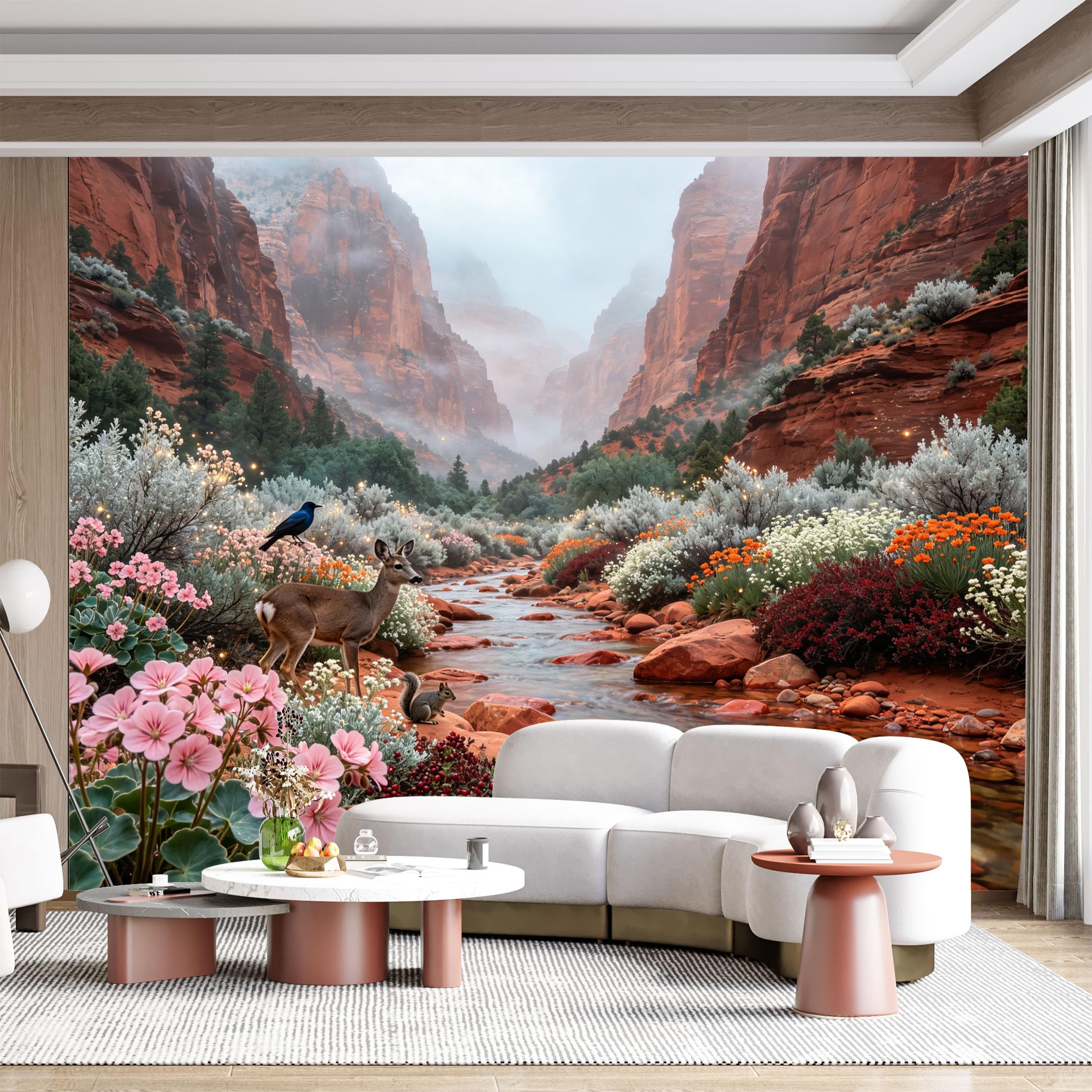 Custom Size Wall Mural Canyon Landscape Deer Forest River Flora Watercolor SelfAdhesive Wall Fabric Removable for Home Office Decor