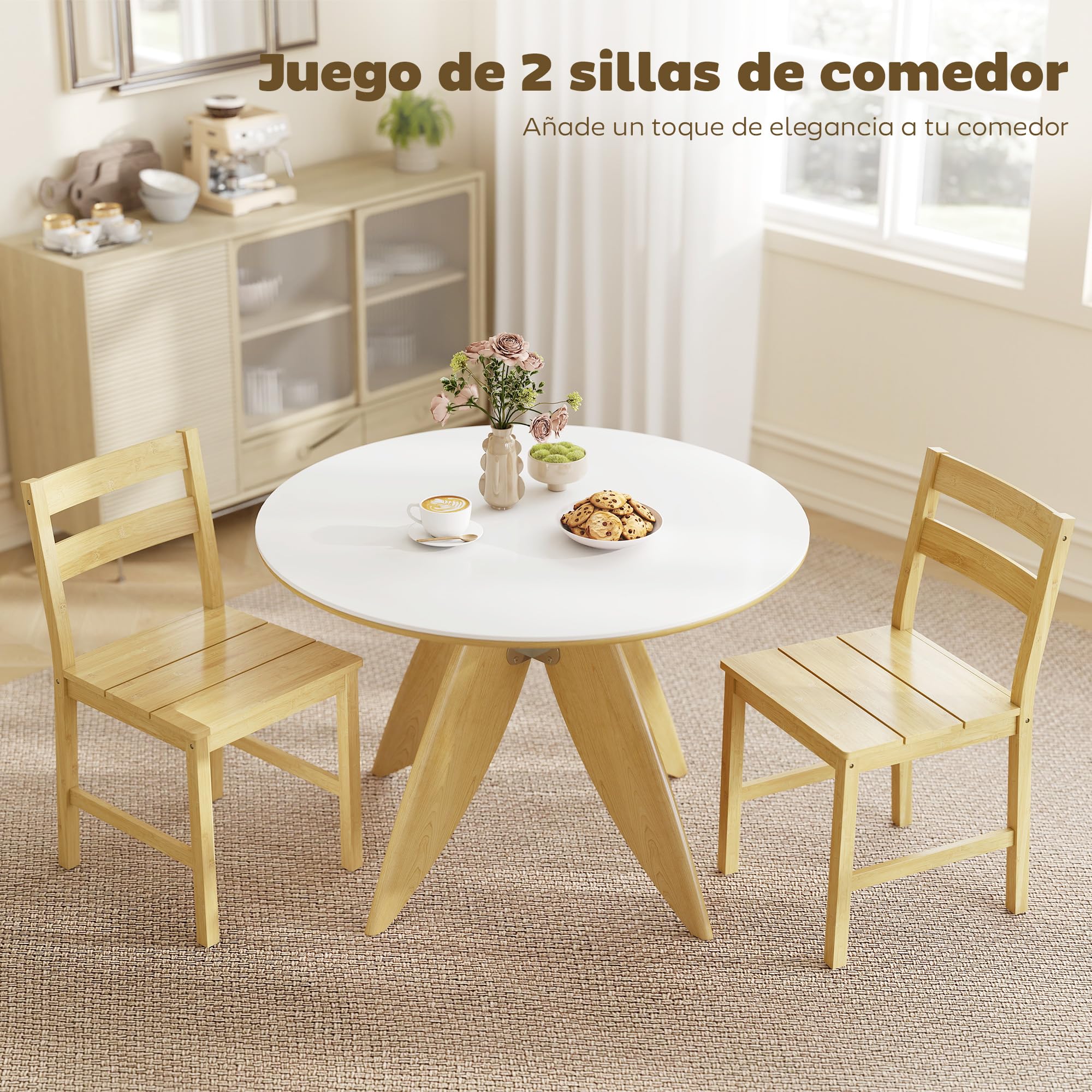 HOMCOM Juego de 2 Sillas de Comedor de Bambú Respaldo Curvado Natural | Sillas de Cocina, Asiento con Listones, Sin Brazos, para Sala de Estar