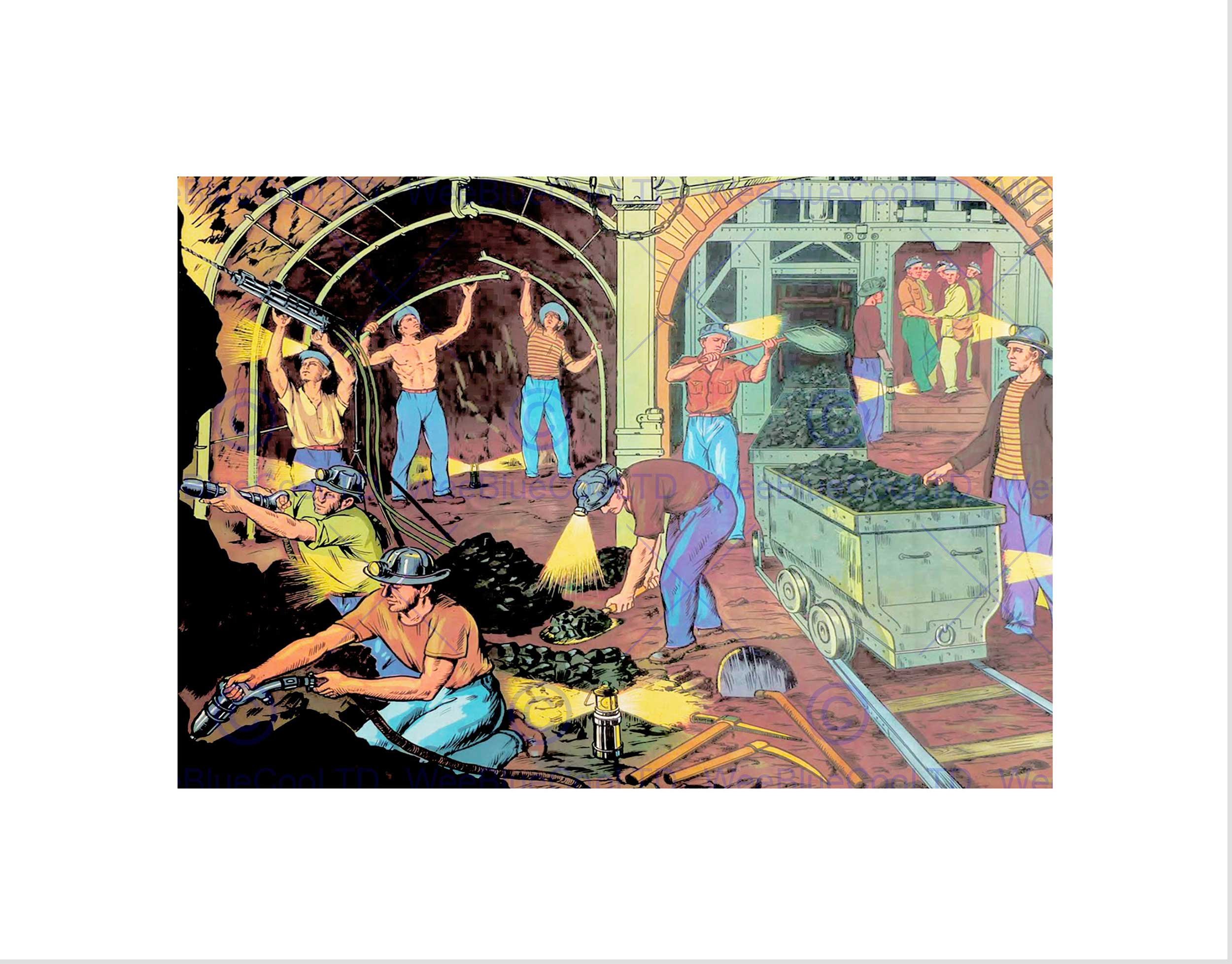 Wee Blue Coo Group Cartoon Coal Mine Shaft Drill Dig Pick Shovel Wall Art Print