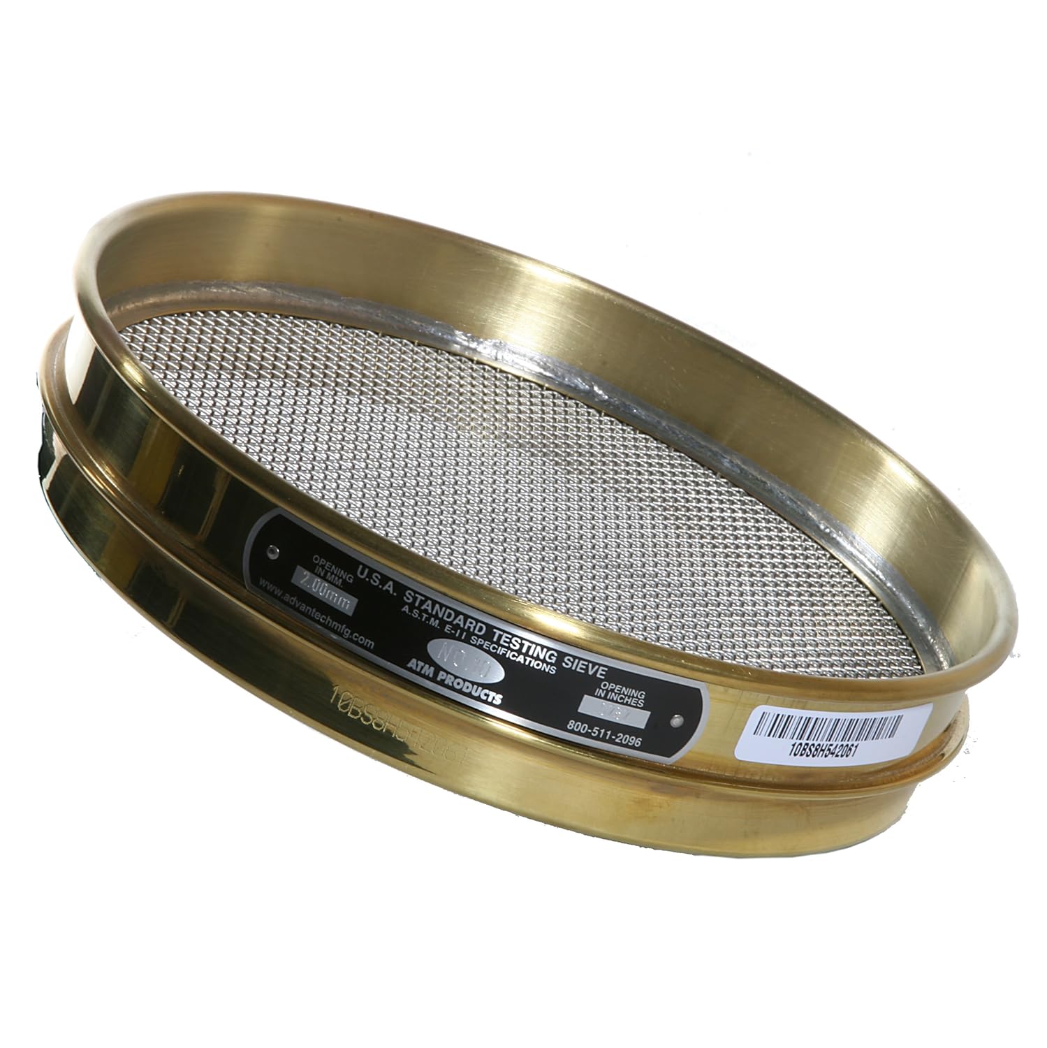 Advantech Brass Test Sieves with Stainless Steel Wire Cloth Mesh, 12" Diameter, #10 Mesh, Half Height