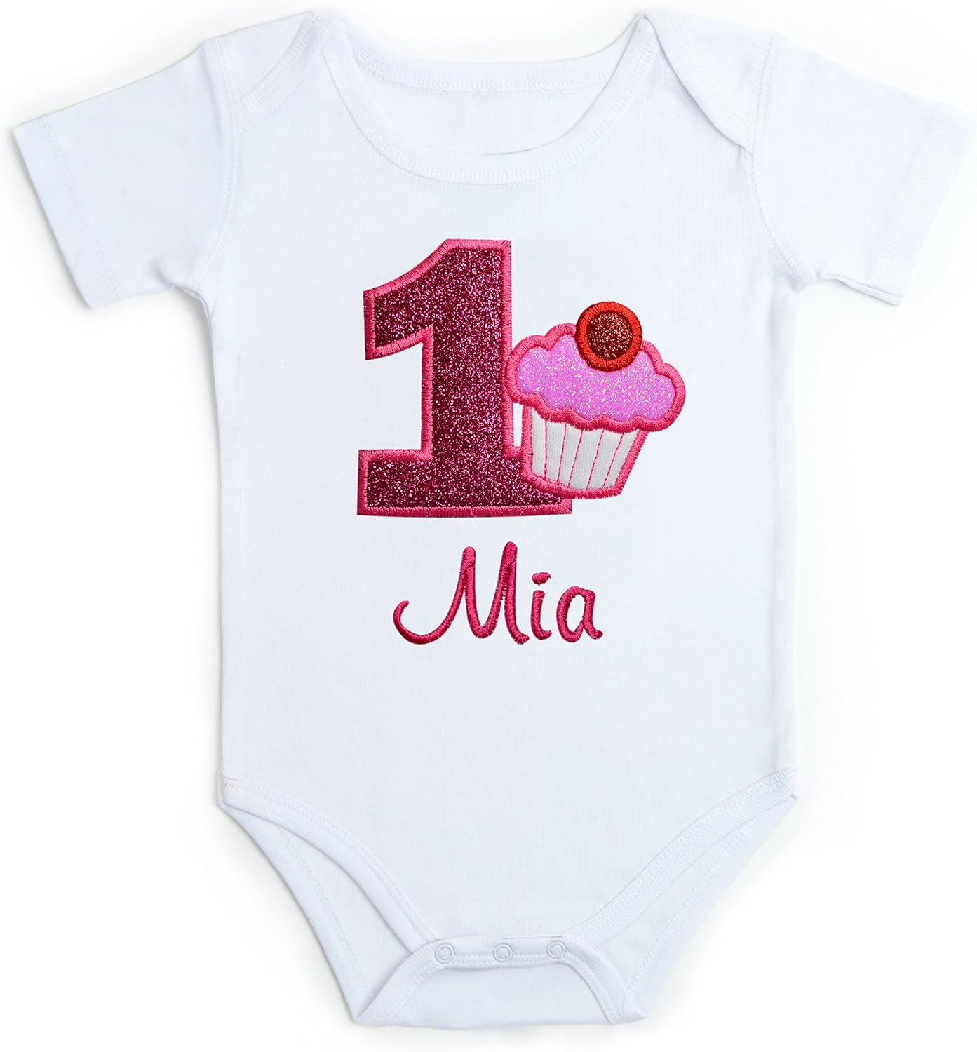 Embroidered GLITTER CUPCAKE First Birthday Bodysuit for Baby Girl with Your Custom Name