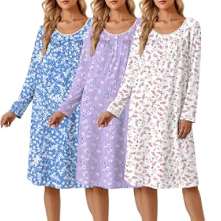 Ekouaer Paquete de 3 camisones de manga larga para mujer, vestido Henley | Vestidos de noche con cuello redondo, longitud hasta la rodilla, con botones, vestido de encaje para dormir