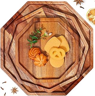 3 Pieces Christmas Acacia Wood Serving Tray Wooden Octagon Bread Fruit Platter Large Decorative Plates Charcuterie Cheese Platter Board Vegetable Food Dish for Salad Pizza Cupcakes(12", 10", 8")
