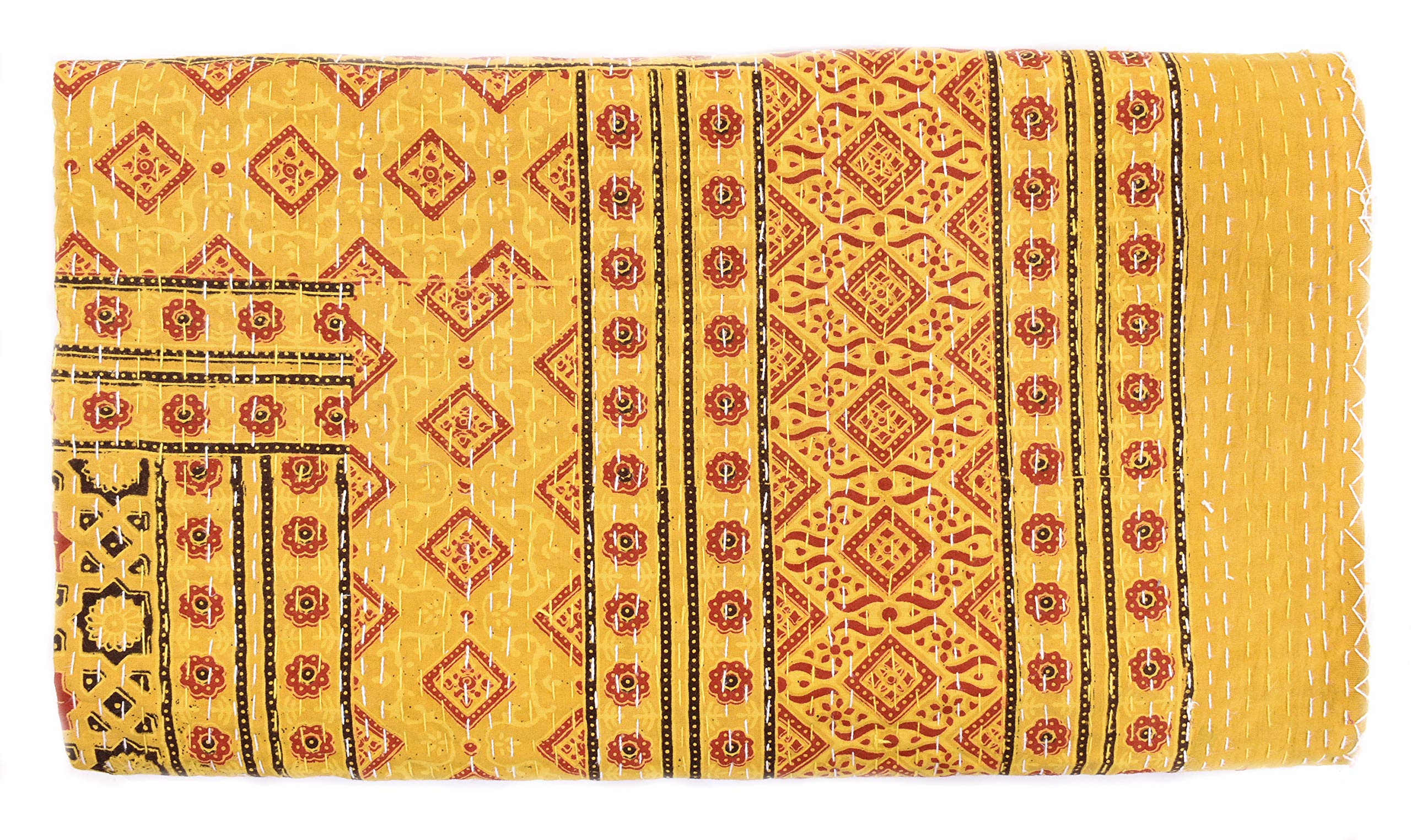 Sophia-Art Queen Size Hand Block Print Kantha Quilt 90x108 Inch Ajrakh Kantha Bedspread Vegetable Dye Kantha Blanket Indigo Print Ajrakh Kantha Quilt (Yellow)