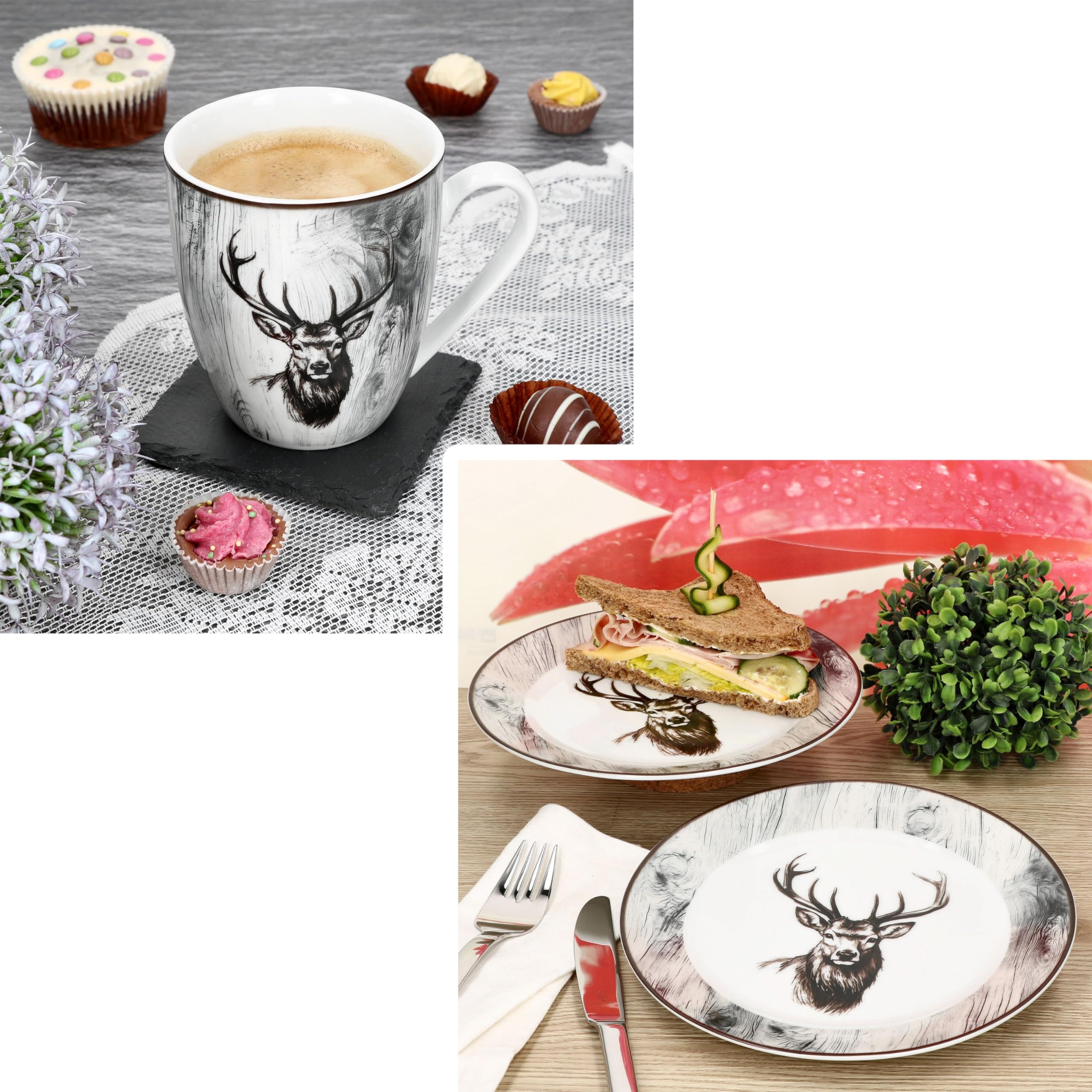 MamboCat Alois 12tlg Frühstücksset I je 6x Frühstücksteller & Kaffeebecher 350 ml aus Porzellan I 6 Personen I Holz-Optik & Hirschmotiv in Schwarz-Weiß I für Frühstück & Kaffee