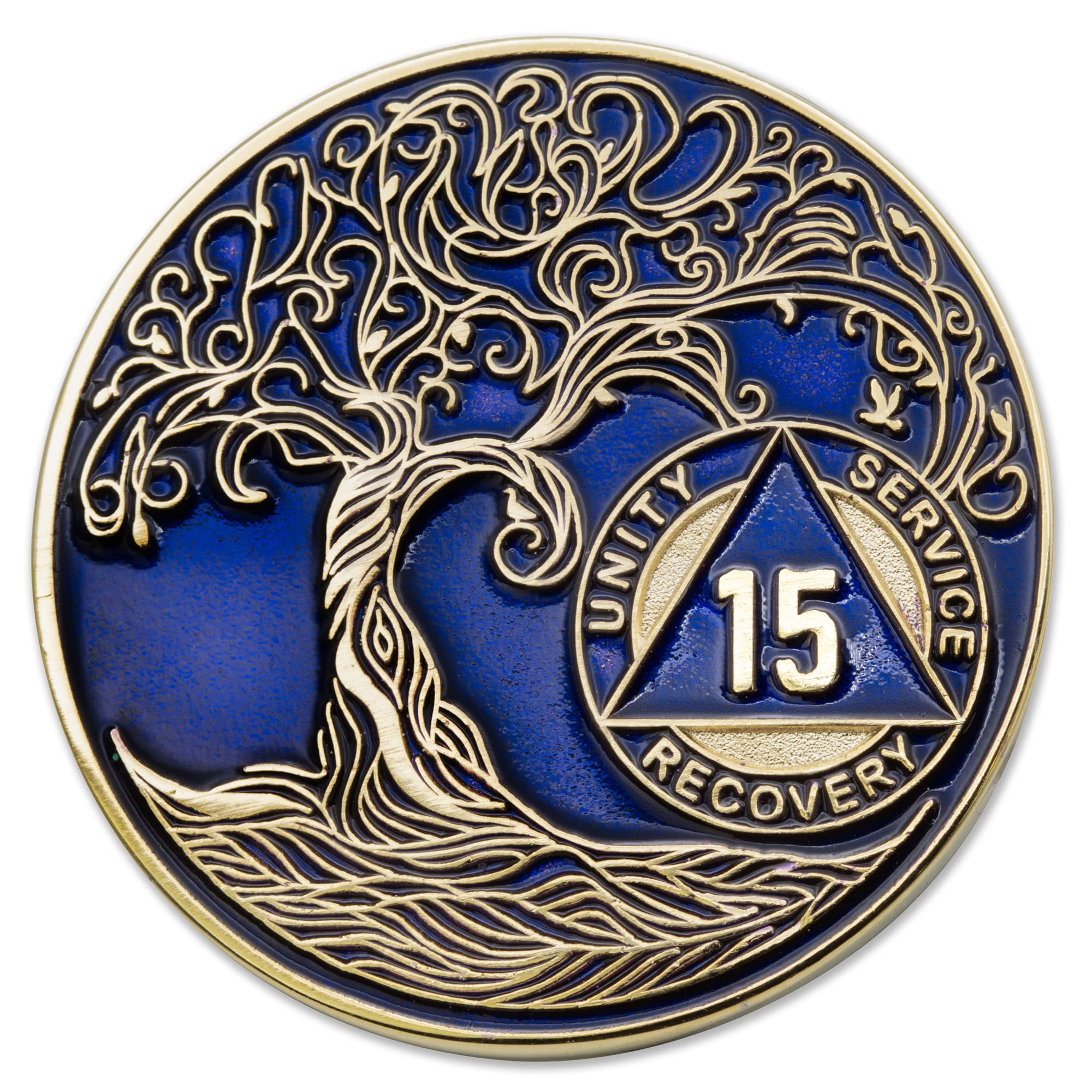 1 to 50 Year Twisted Tree of Life Sobriety Coin - Gold Plated AA Chips &amp; Medallions - 15 Year Sobriety Coin - Translucent Blue