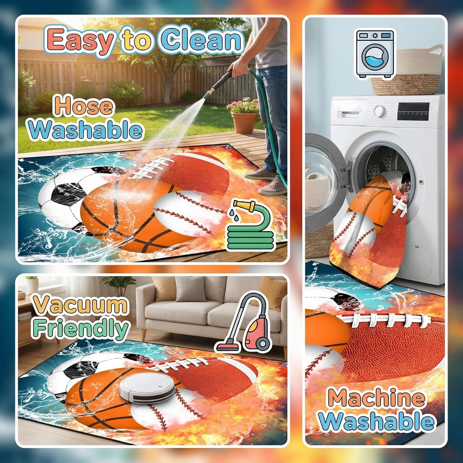 Basketball Rug for Boys Bedroom 5'x7' Kids Football Carpet Water Fire Sports Rugs for Boys Bedroom Baseball, Soccer Rug for Playroom Living Room Decor Sofa Mat
