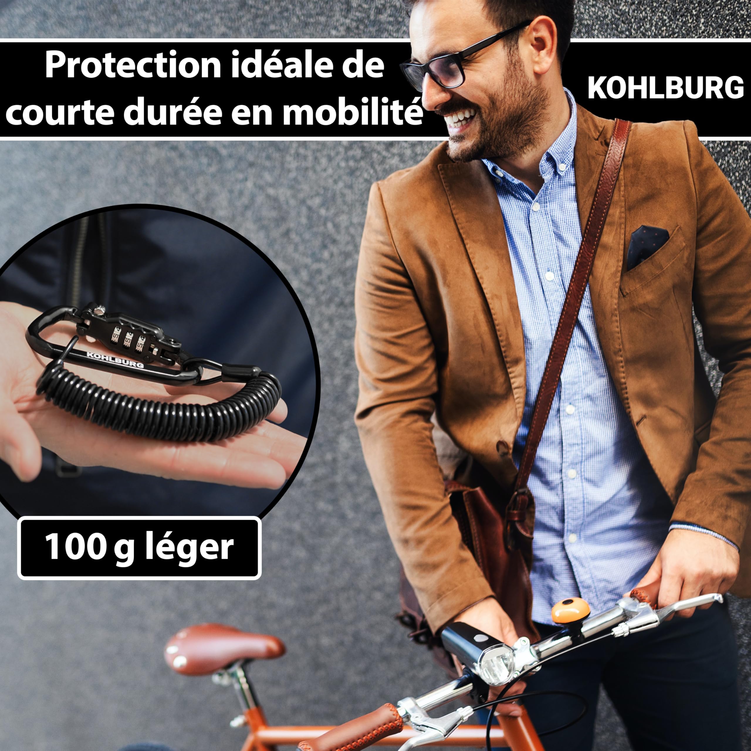 KOHLBURG Cable antivol 180 cm flexible solide cadenas code 3 mm pour poussette casque snowboard ski vélo