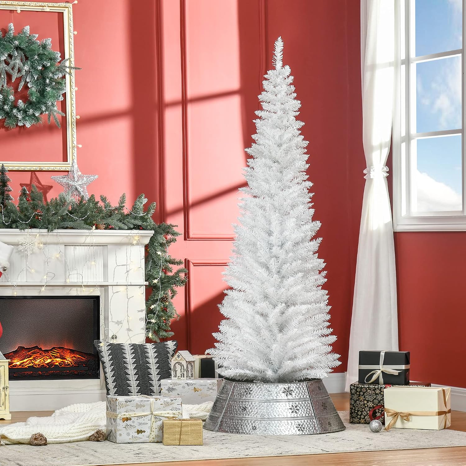 HOMCOM 6' Artificial Pencil Christmas Tree, Slim Xmas Tree with 390 Realistic Branch Tips and Plastic Stand, White