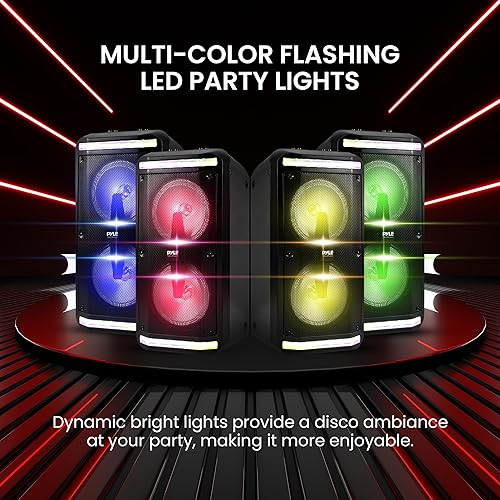 Vista 4 de Pyle Sound Around - Altavoz Bluetooth y sistema de micrófono, altavoz de karaoke estéreo portátil con micrófono con cable, lectores MP3/USB/Micro