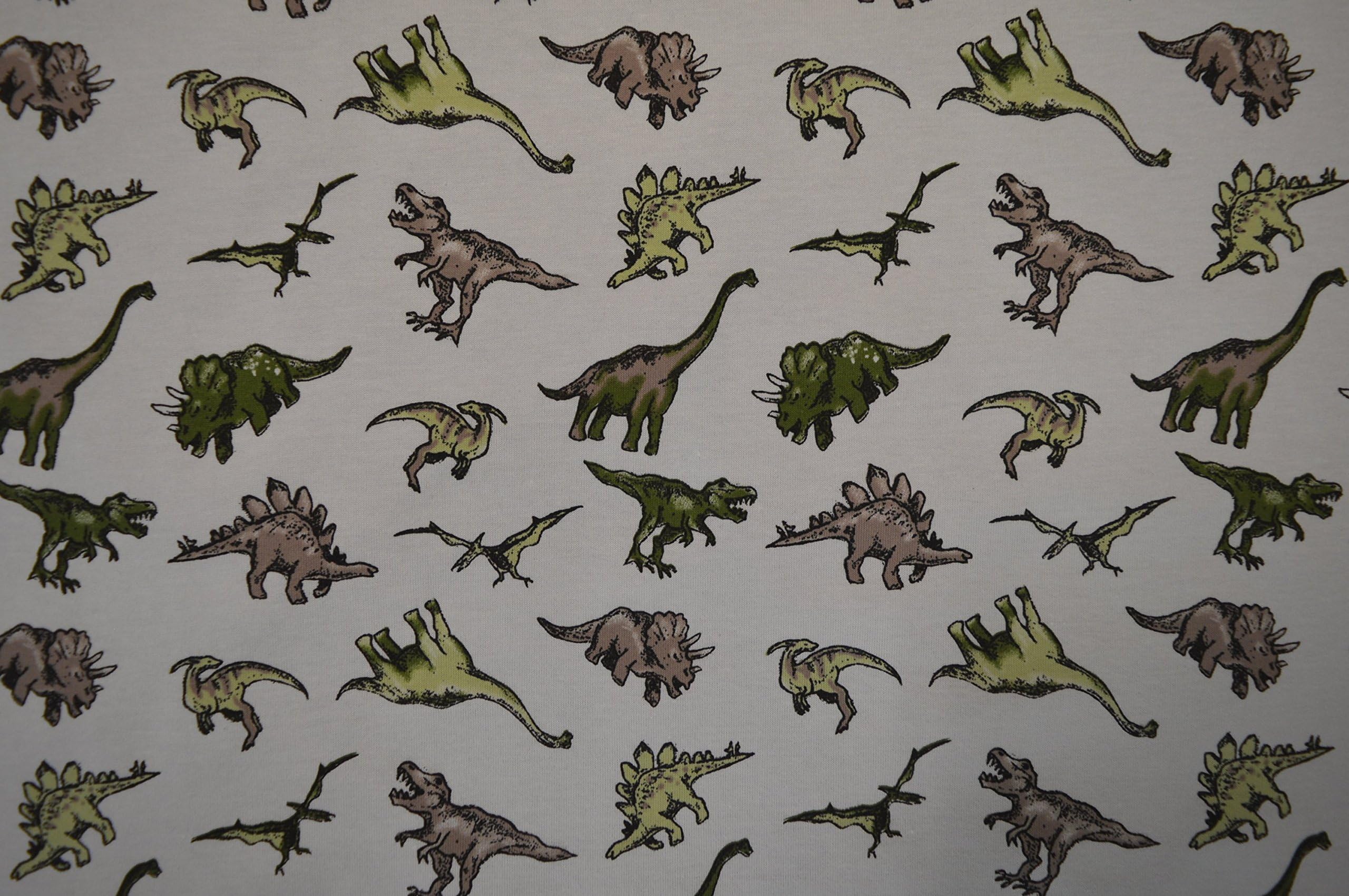Brunswick Mills JURASSIC DINOSAUR PRINT ON WHITE SINGLE JERSEY SOFT STRETCH FABRIC 98% COTTON 2% ELASTANE 64" WIDTH BY THE METRE