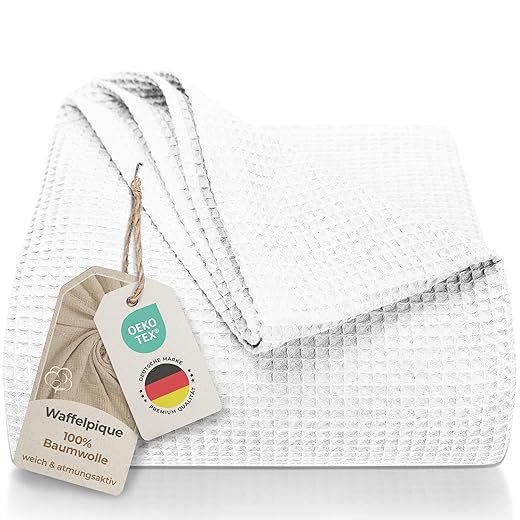 Bedspread 180 x 220 cm - Waffle Pique 100% Cotton - Light Summer Blanket - Cotton Sofa Blanket - Airy Bedspread (White)
