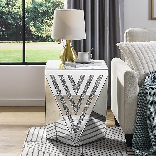 Miniatura 18 de SSLine Mesa auxiliar cuadrada con espejo con luces LED, mesita de noche con espejo, mesa auxiliar de espejo con acabado plateado para dormitorio,