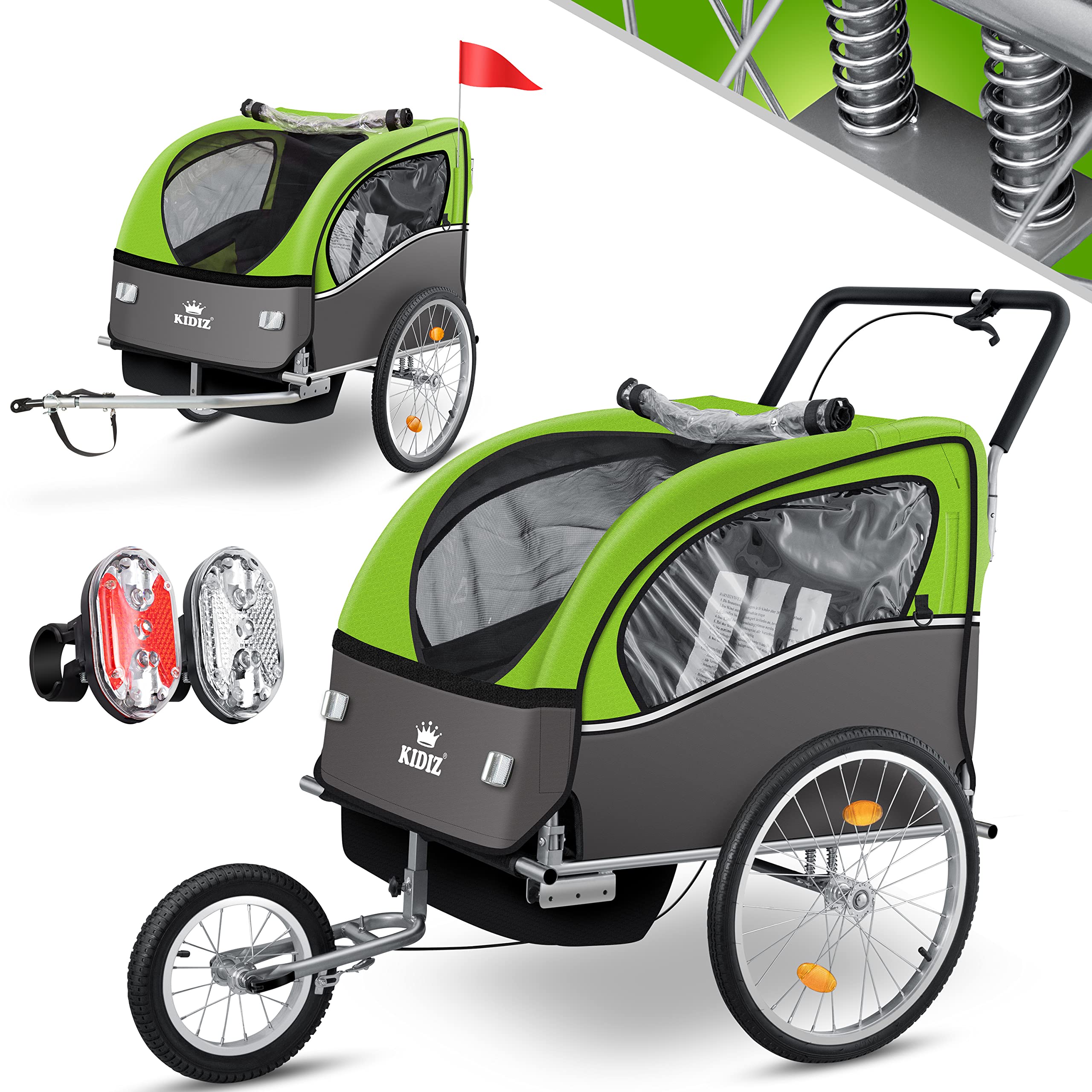 kidiz 3in1 fahrradanhänger KIDIZ® 3-in-1 fietsaanhanger jogger kinderaanhanger joggerfunctie kinderfietskar voor 1 tot 2 kinderen 5-punts veiligheidsgordel incl. vlag en LED-lampjes max. 26 kg fietsaanhanger Babyproducten Unit:24 pieces 